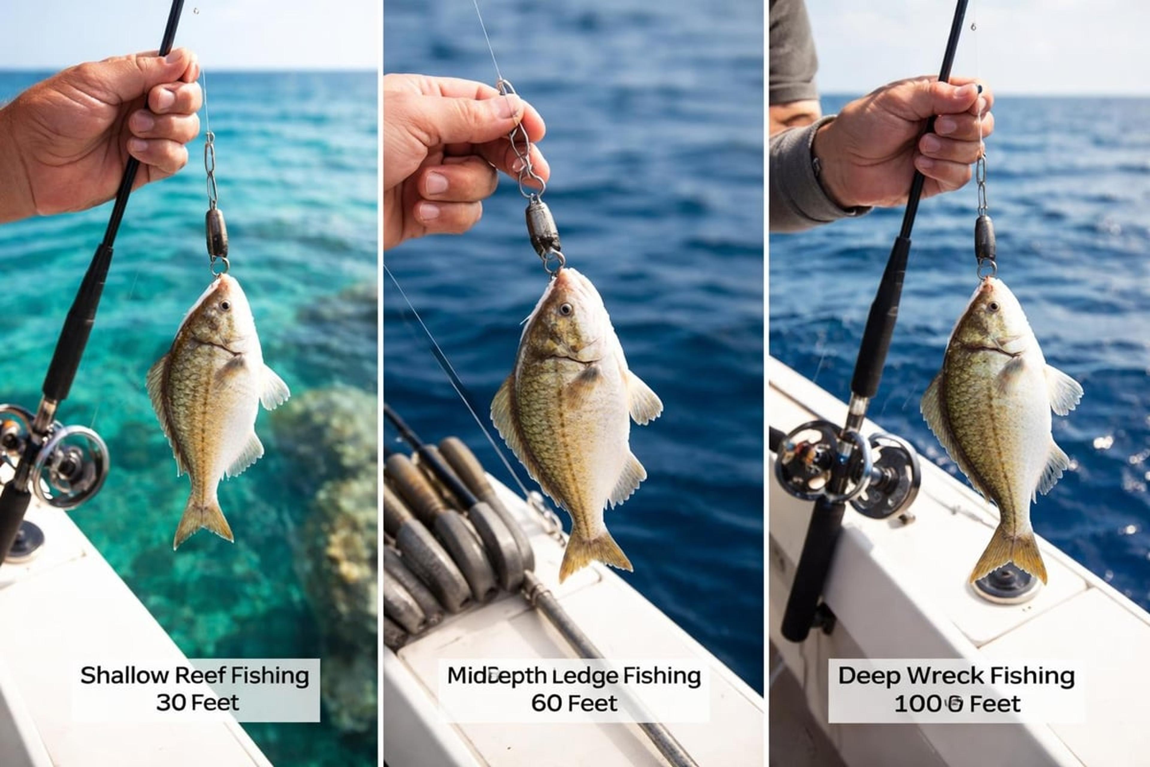 Three panels labelled Shallow Reef Fishing 30 Feet, Mid-Depth Ledge Fishing 60 Feet and Deep Wreck Fishing 100 Feet, each showing a pinfish on a bottom rig