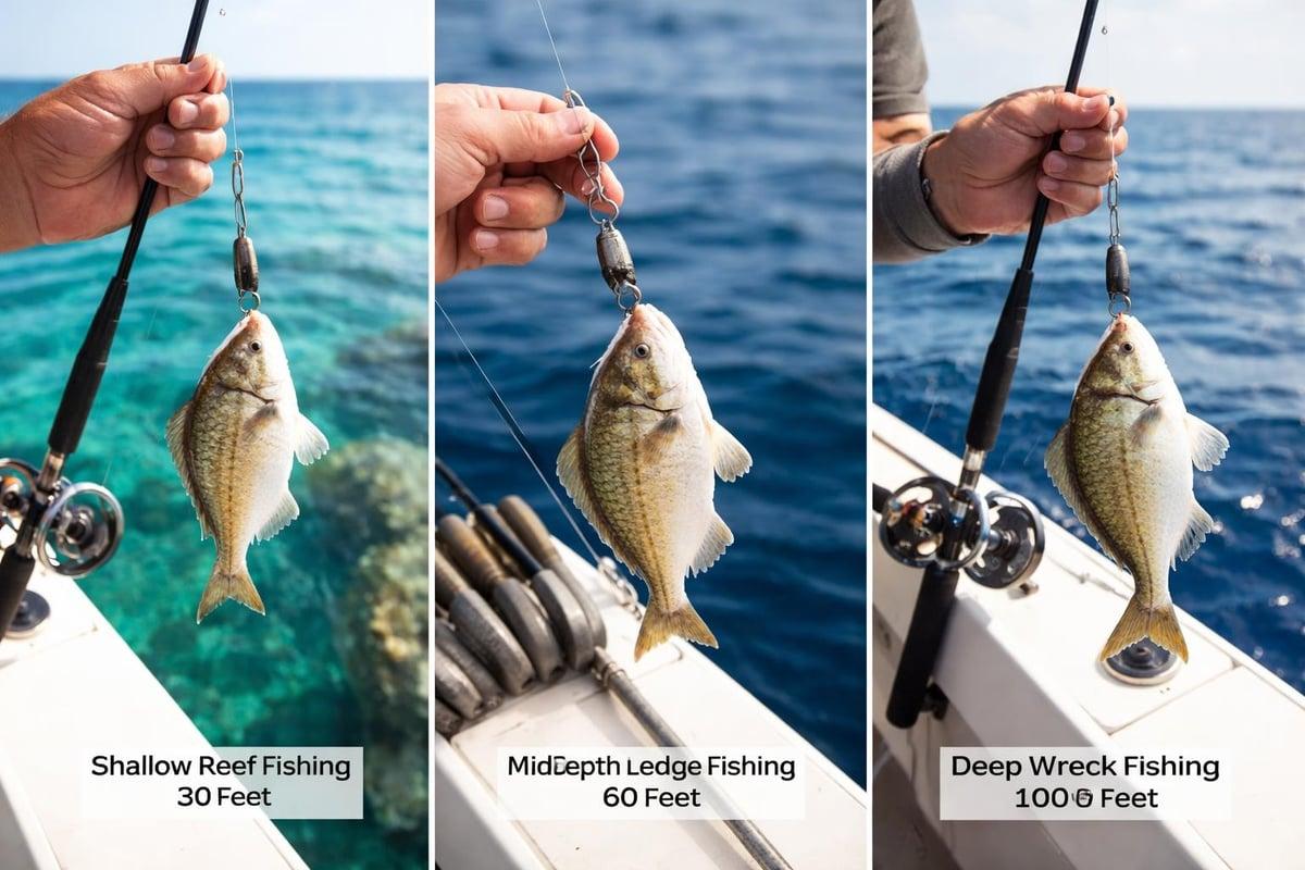Three panels labelled Shallow Reef Fishing 30 Feet, Mid-Depth Ledge Fishing 60 Feet and Deep Wreck Fishing 100 Feet, each showing a pinfish on a bottom rig