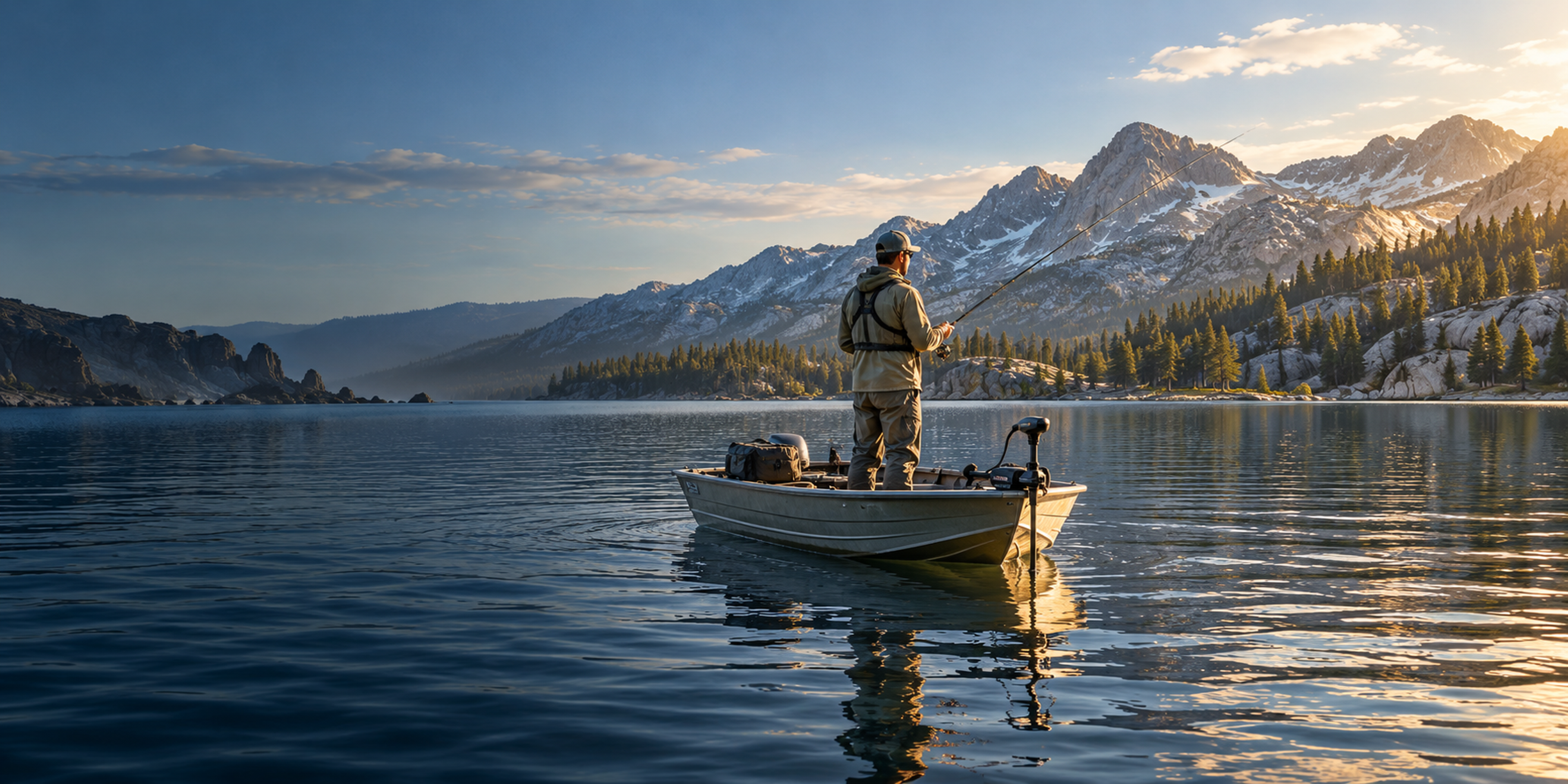 An angler casts from a small aluminum boat on a clear mountain lake beneath snow-capped granite peaks.