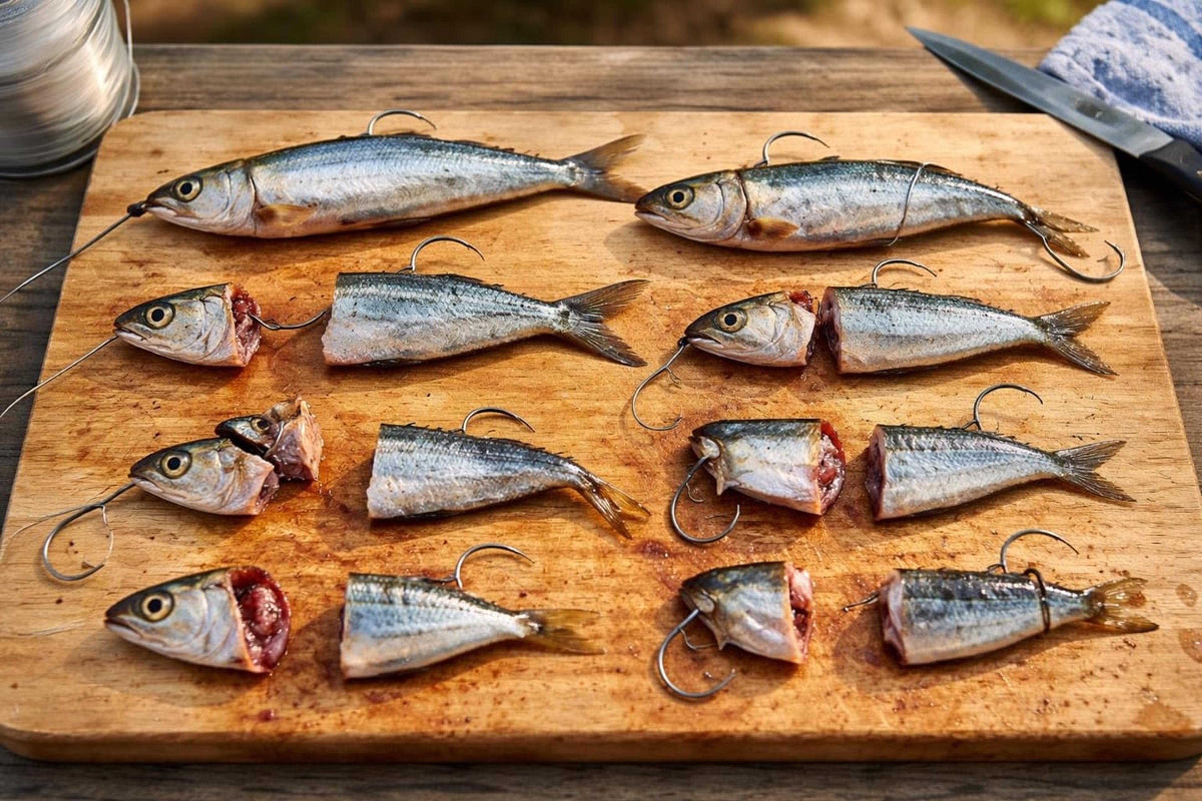 Pilchards cut into strips and chunks on a board, some rigged on hooks