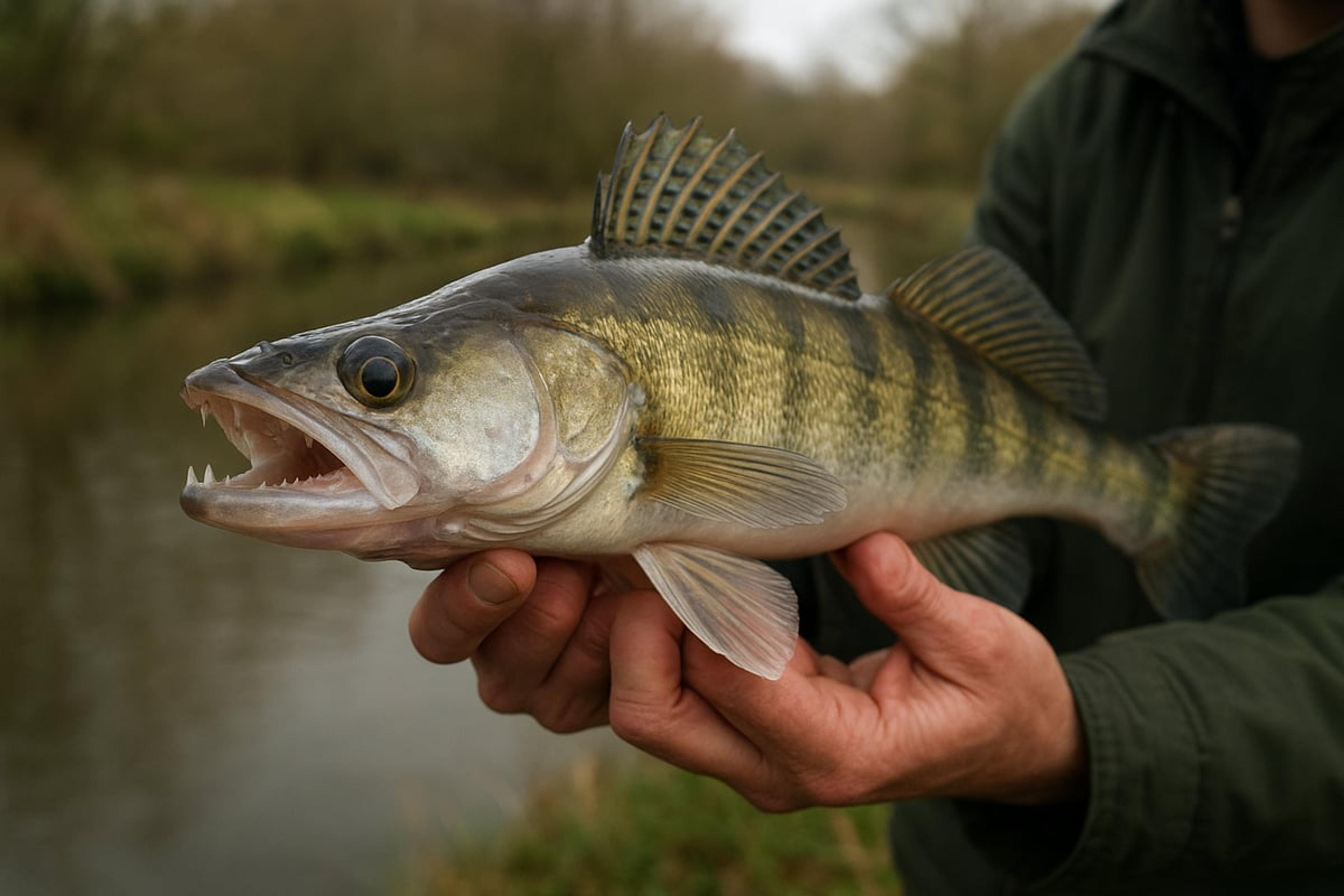 Close-up of a zander held in two hands beside a canal, showing its sharp teeth, spiny dorsal fin and barred sides