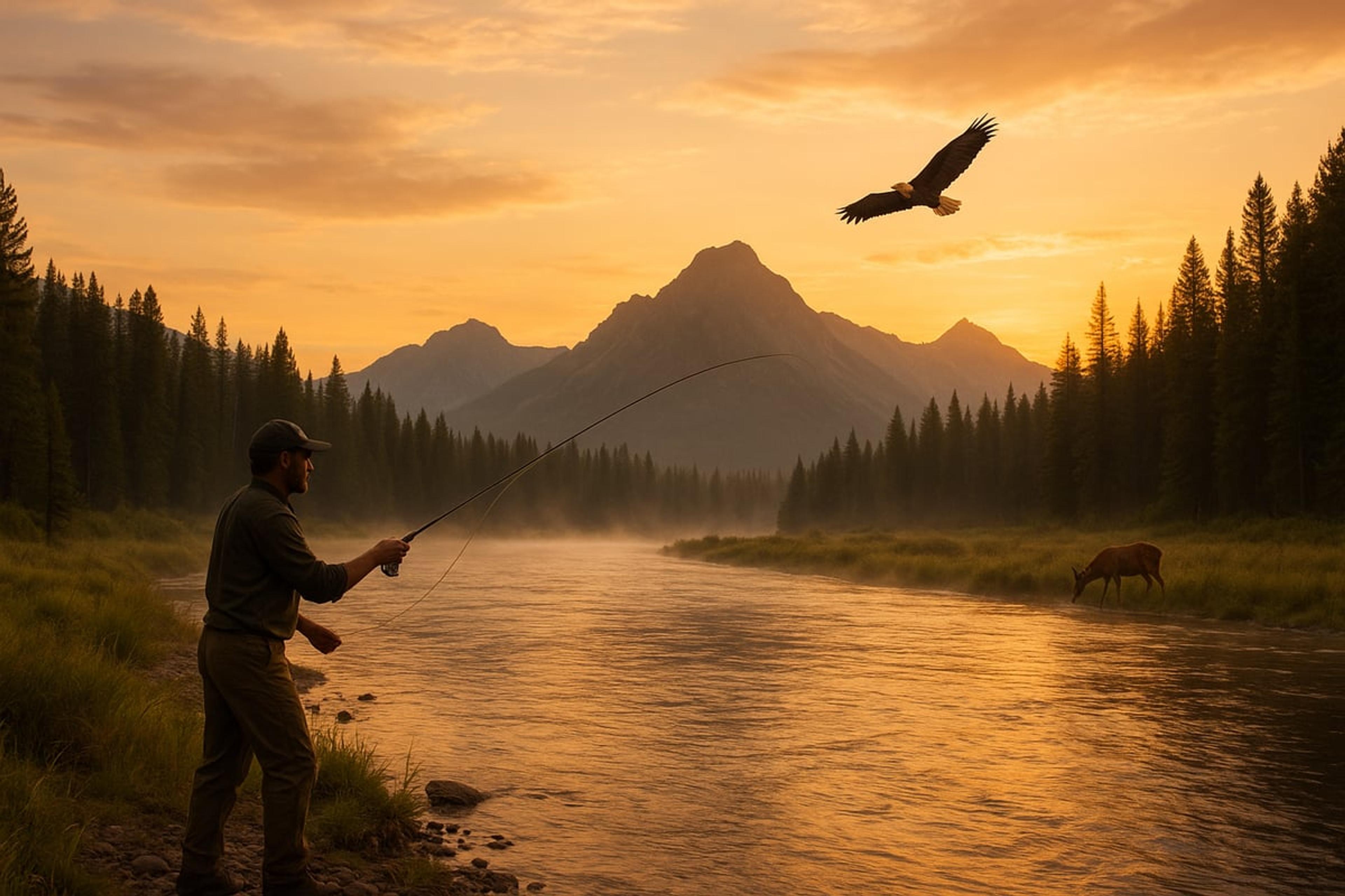Angler casting on a river at sunset as a bald eagle flies overhead and a deer grazes on the far bank