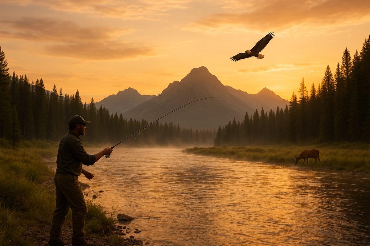 Angler casting on a river at sunset as a bald eagle flies overhead and a deer grazes on the far bank