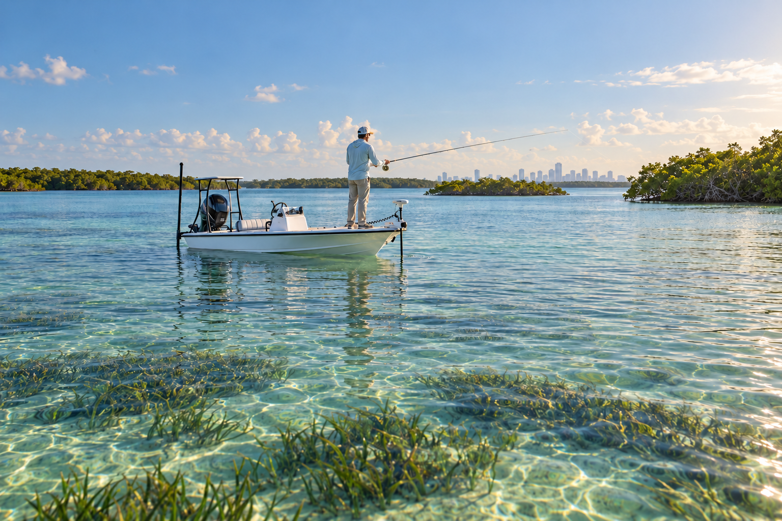 An angler casts from the bow of a flats skiff over clear, shallow water and seagrass beside mangrove islands, with the Miami skyline in the distance.