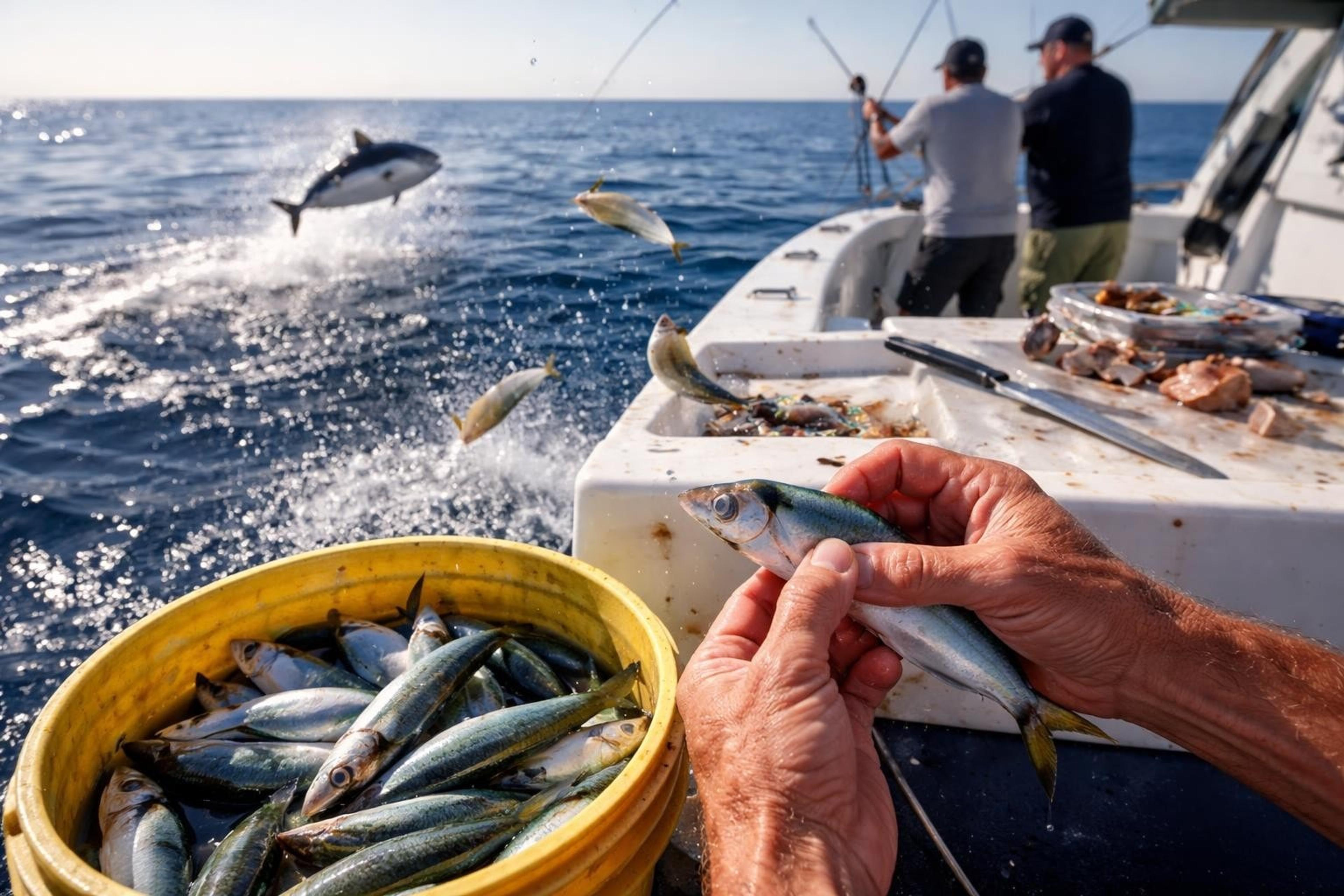 Hands holding a live baitfish over a bucket full of mackerel-like baitfish on a boat, with anglers fishing and a tuna leaping in the background