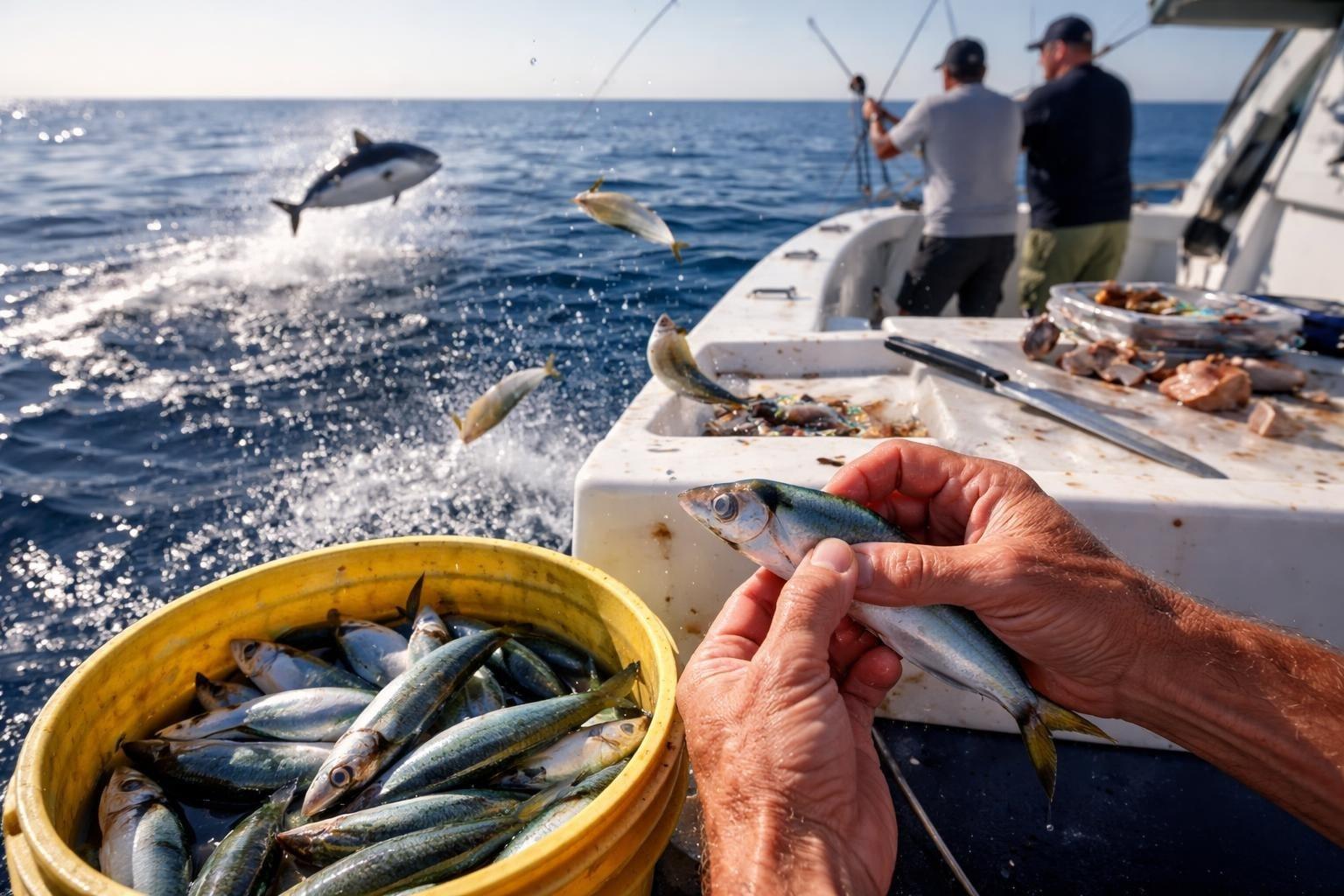 Hands holding a live baitfish over a bucket full of mackerel-like baitfish on a boat, with anglers fishing and a tuna leaping in the background