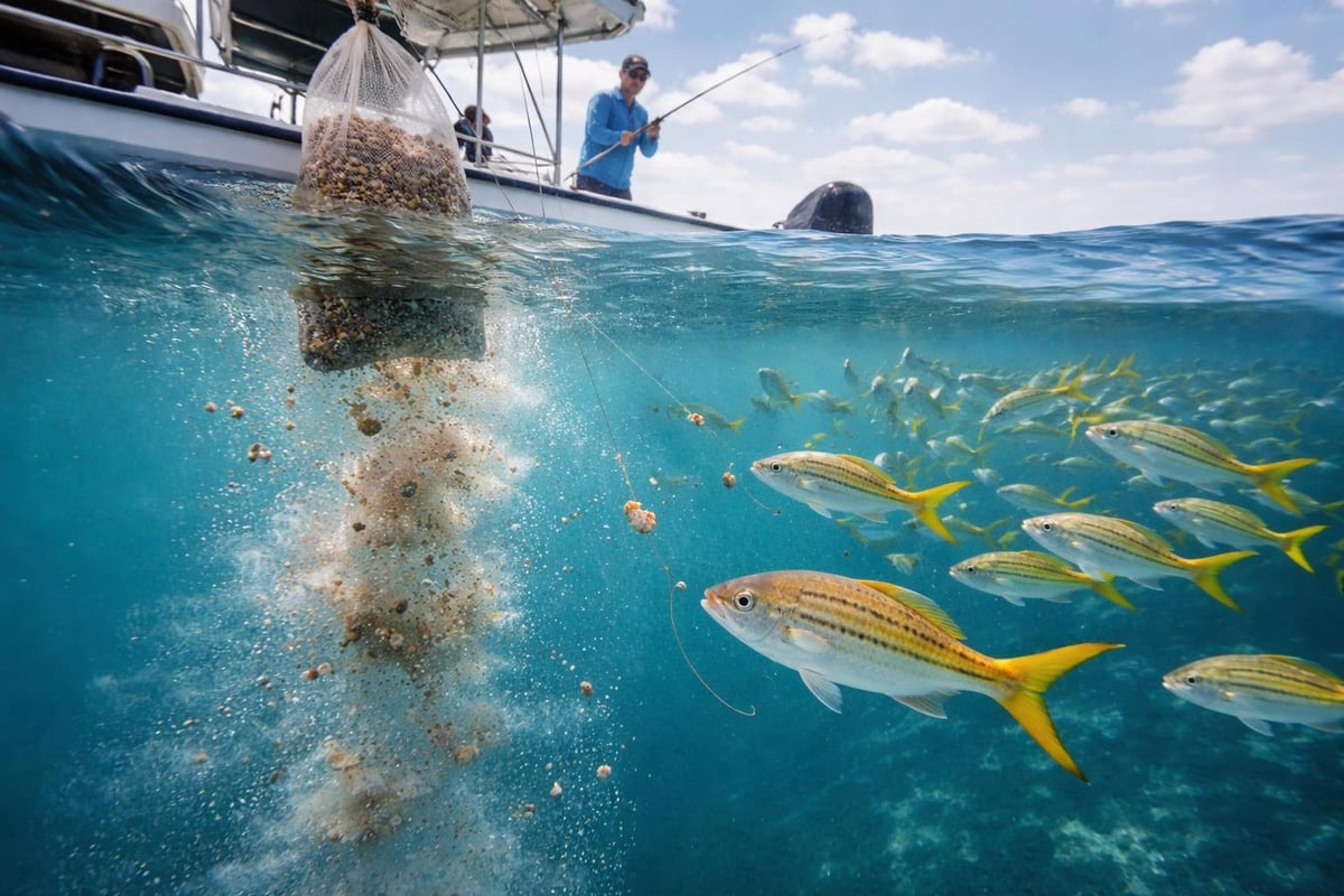 Chum bag hanging over the side of a boat, releasing a cloud of chum that draws a school of yellowtail snapper