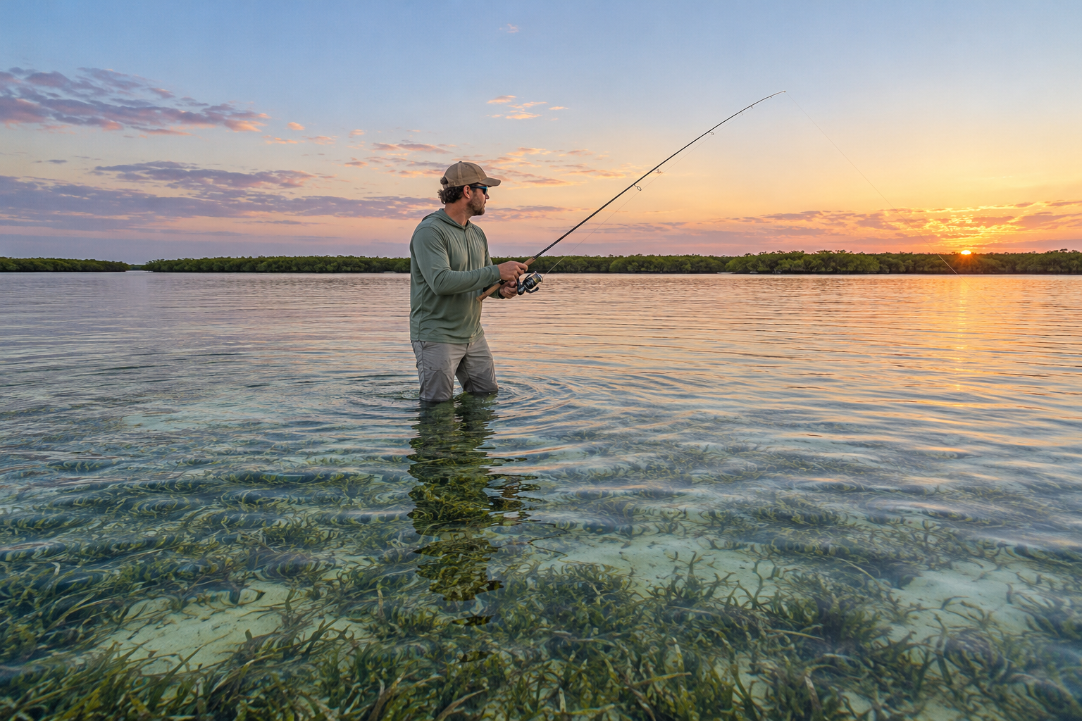A wading angler with a bent rod on a shallow, clear seagrass flat, with a mangrove shoreline and the sun low on the horizon