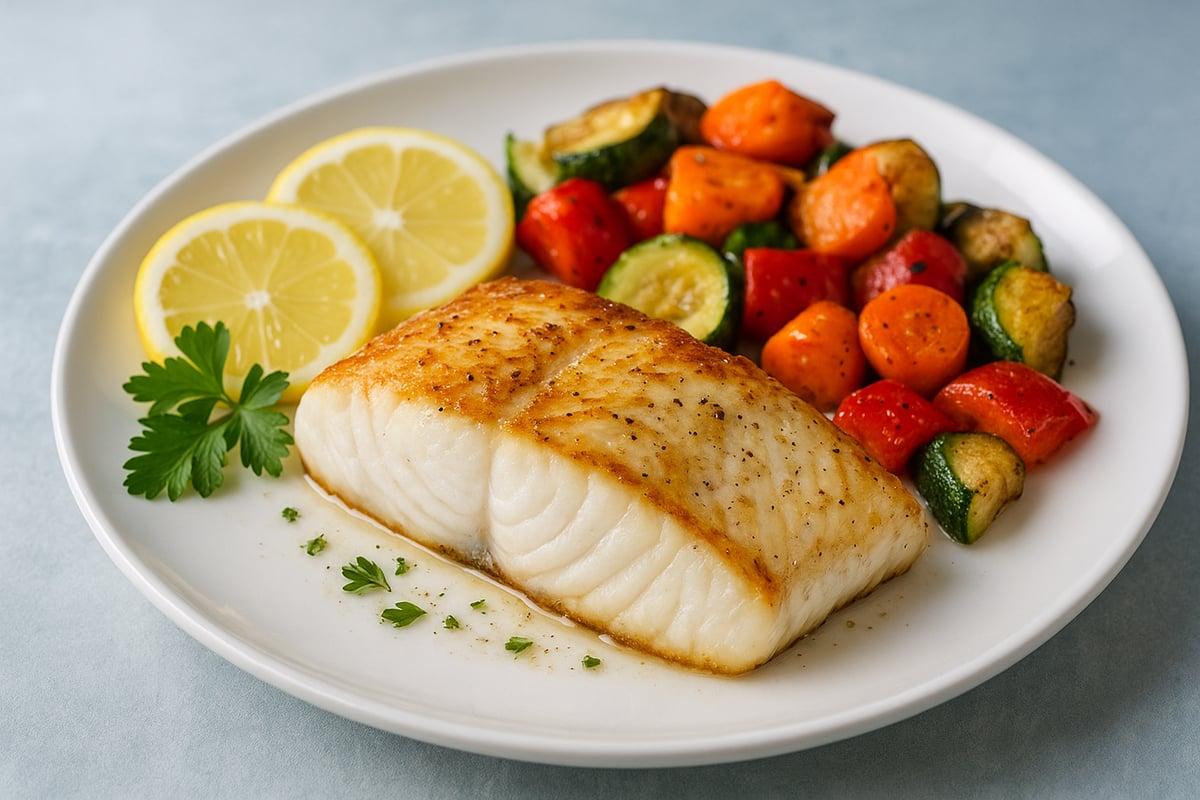Pan-seared halibut fillet with lemon slices and roasted vegetables on a white plate