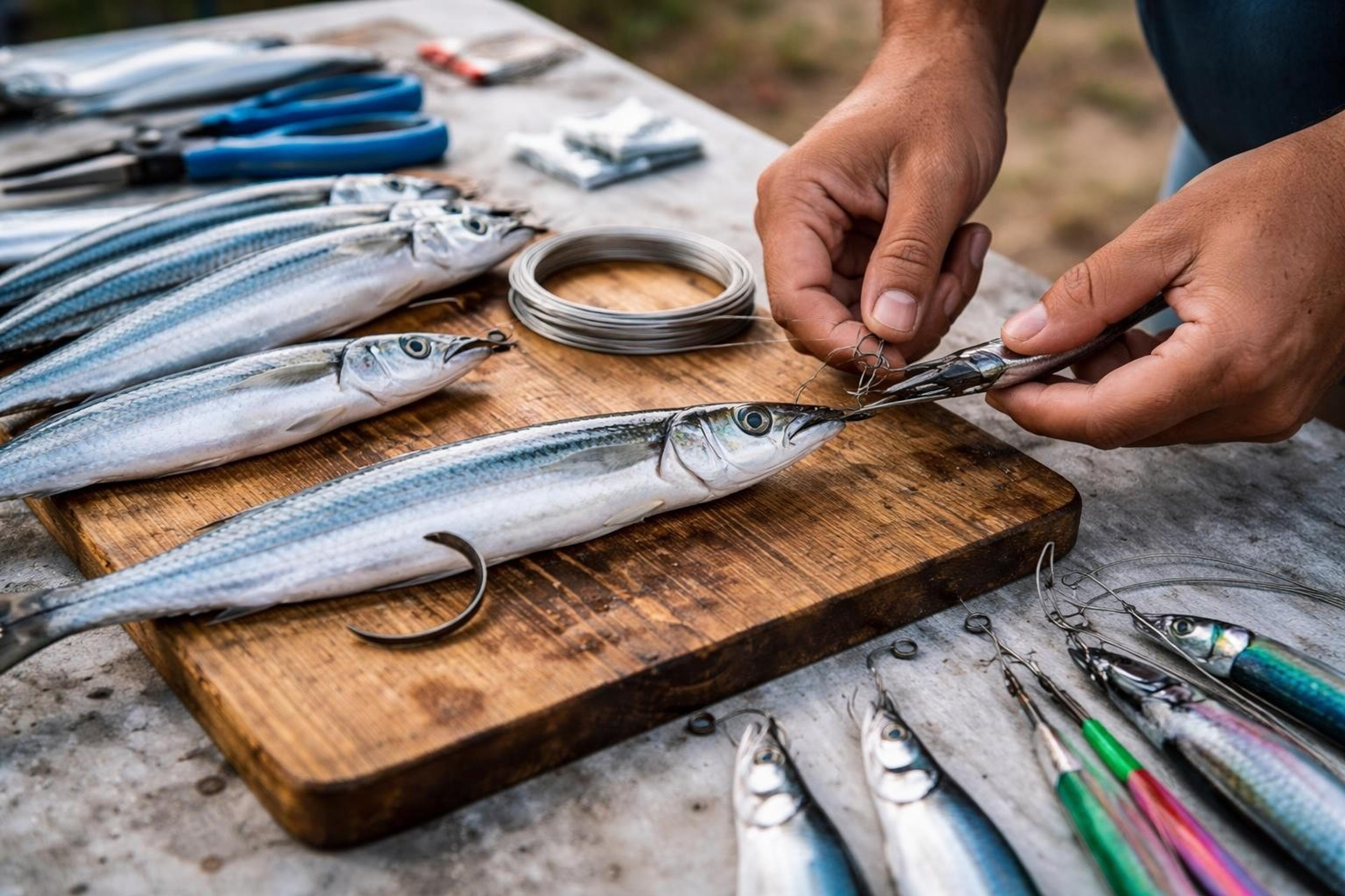 Hands rigging a ballyhoo on a wooden cutting board with a large hook, copper wire and pliers, with more ballyhoo and skirted baits alongside