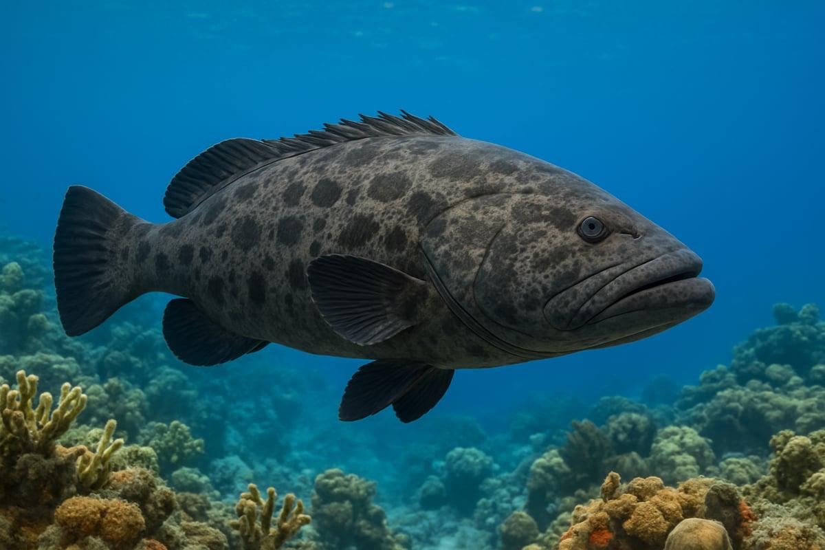 Large dark grouper with rectangular black blotches and pale spots swimming over a coral reef