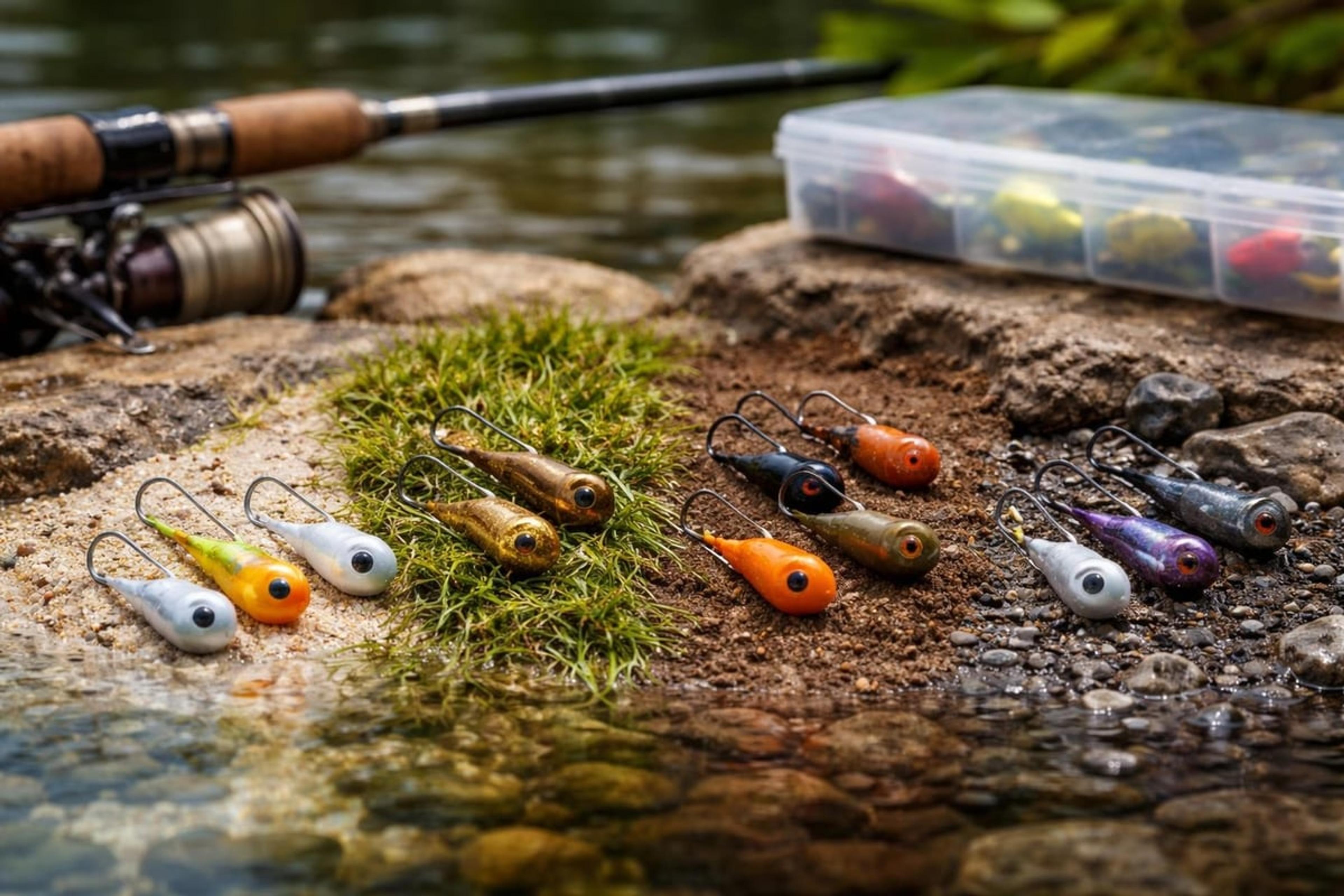 Jig heads in natural and bright colours laid across sand, grass and dark stones by the water
