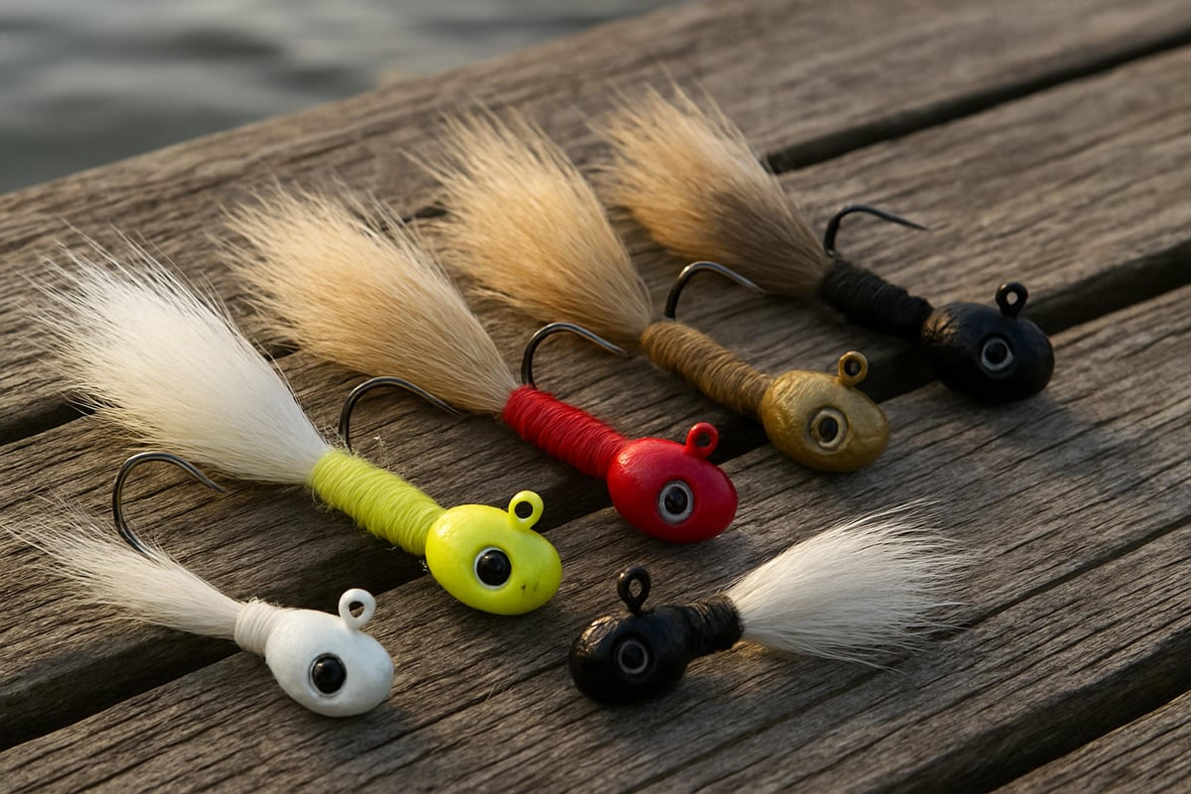 Six bucktail jigs with white, tan and natural hair and red, yellow, white and black heads laid on a dock