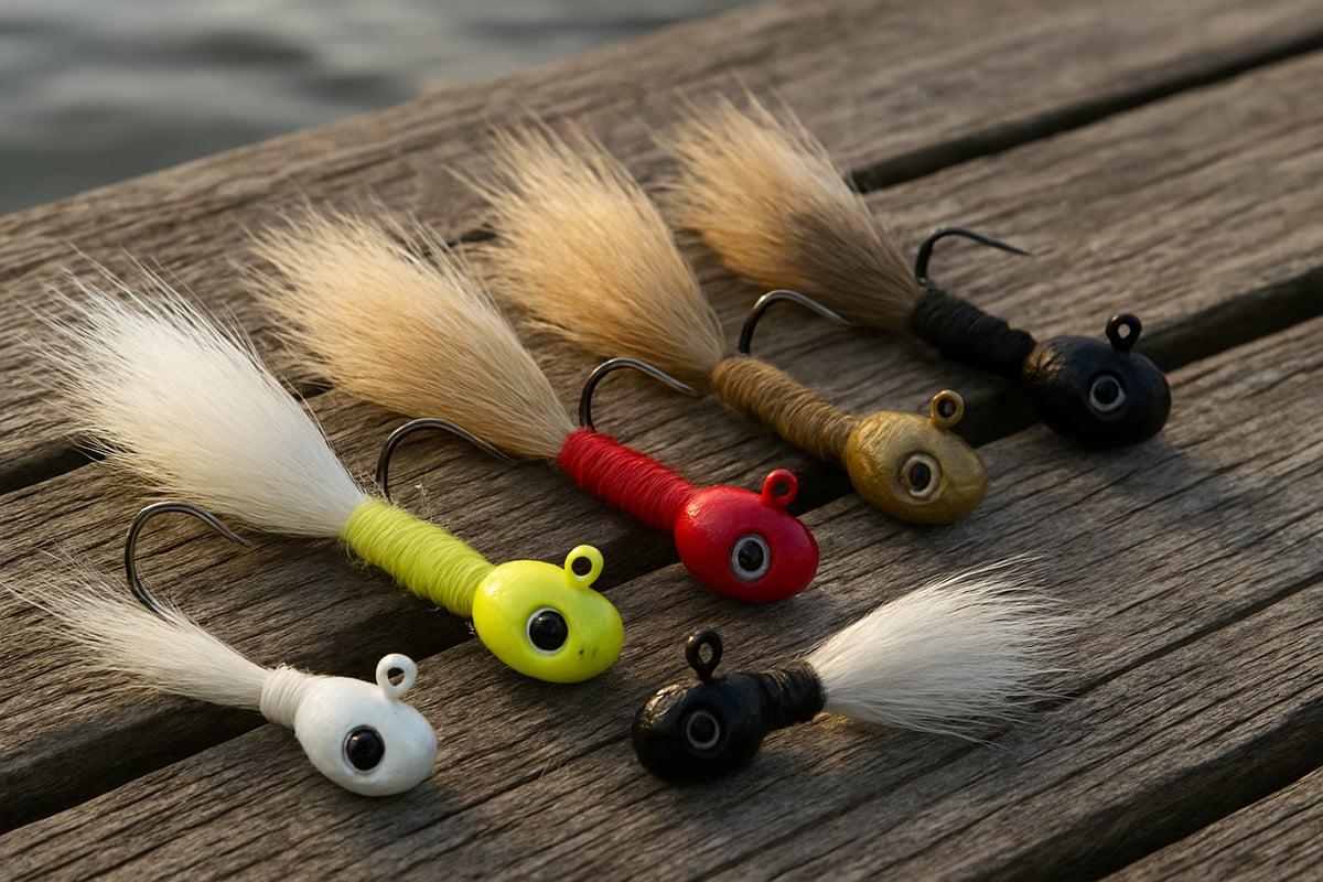 Six bucktail jigs with white, tan and natural hair and red, yellow, white and black heads laid on a dock
