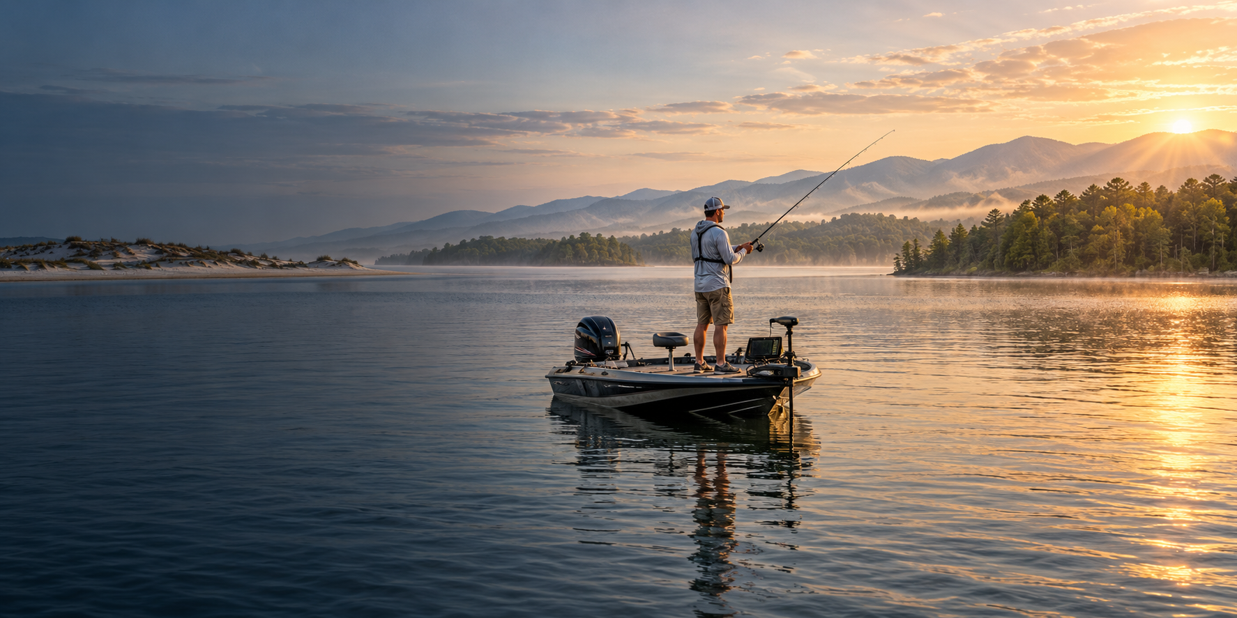 An angler casts from a bass boat on a calm lake at sunrise, with sand dunes on one shore and misty mountains beyond.