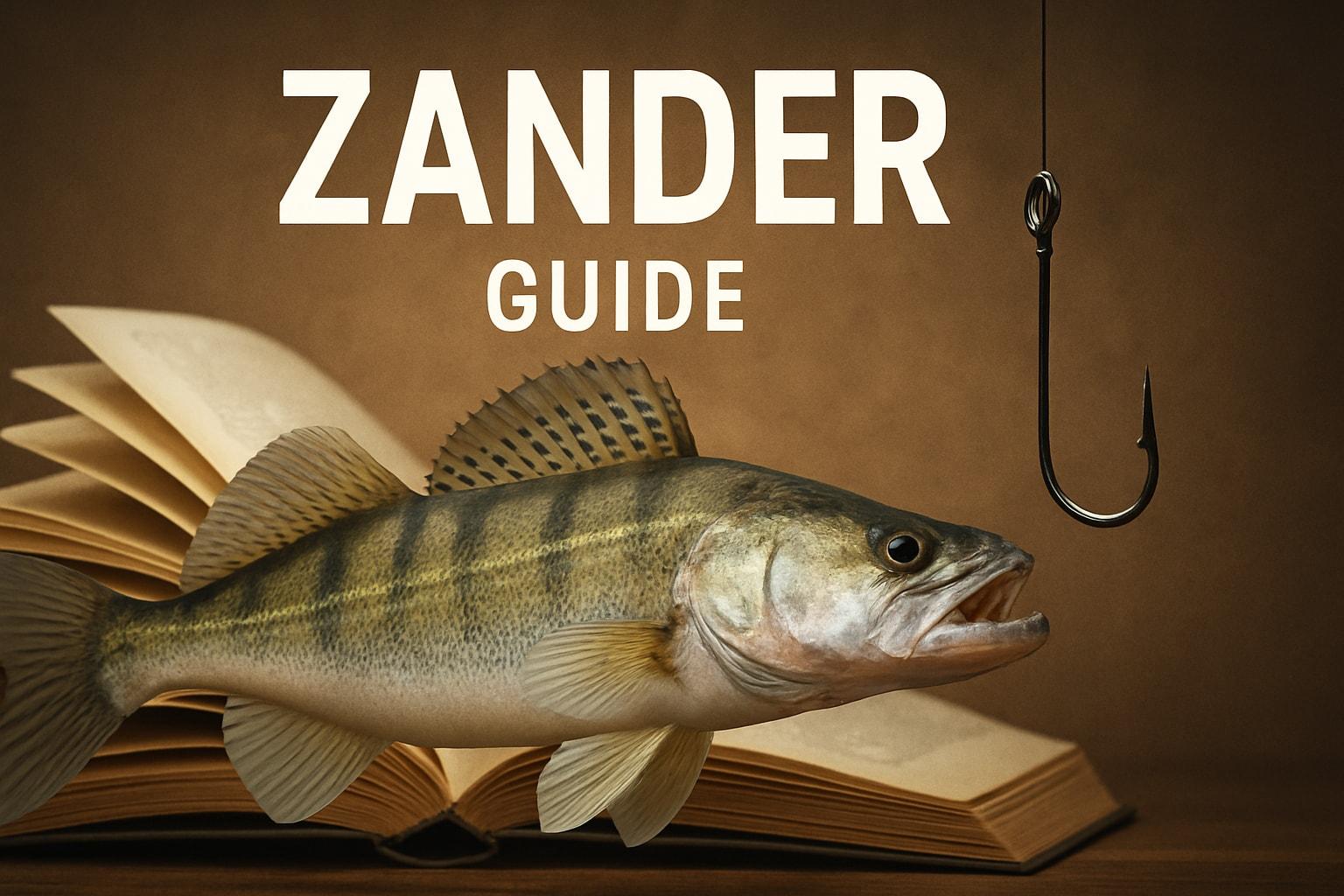 Zander with dark vertical bars in front of an open book, beneath the words “Zander Guide” and a hanging hook