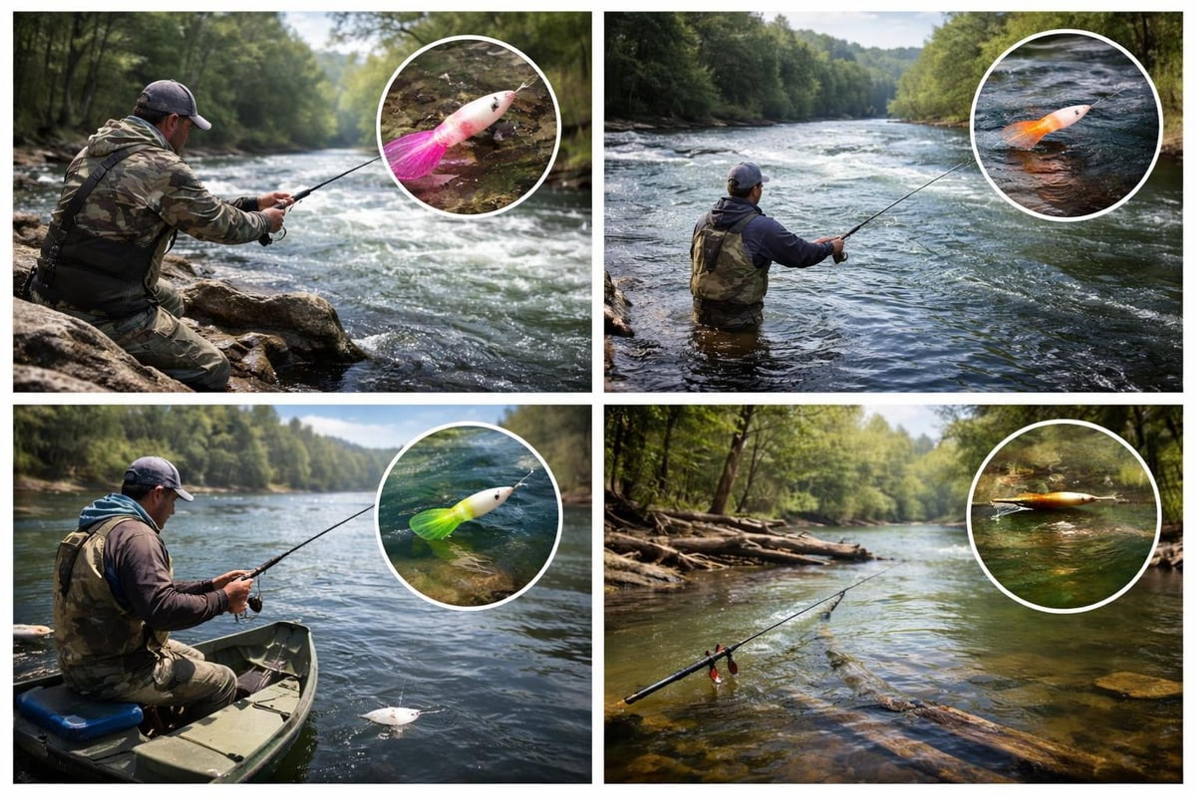 Four panels of anglers casting on rivers, each with an inset of a small, brightly coloured shad dart or spoon