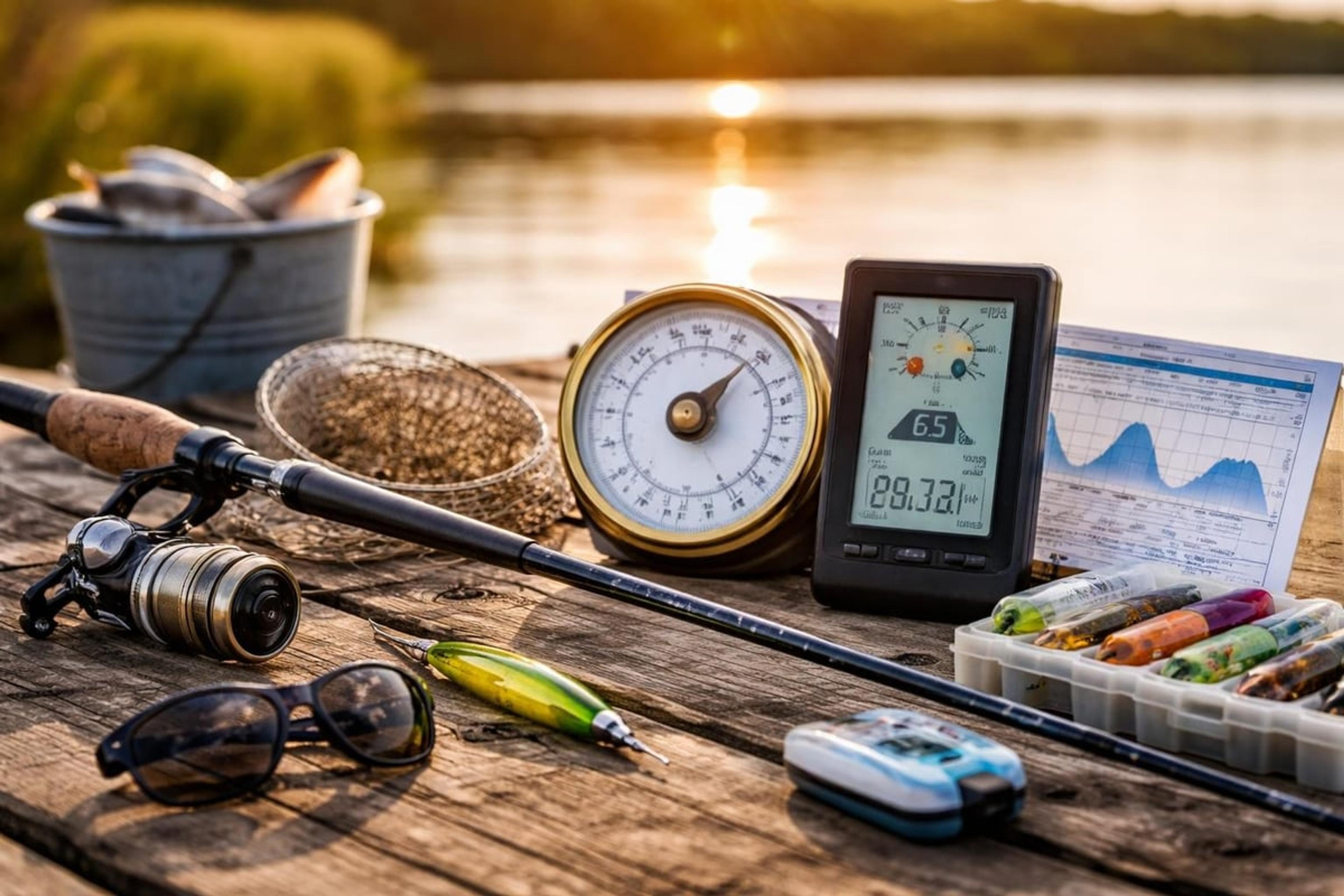 Barometer, digital weather display and tide chart on a lakeside table at sunset, beside a spinning rod, sunglasses and a box of lures