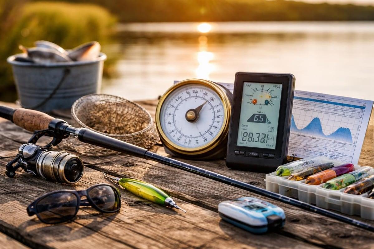 Barometer, digital weather display and tide chart on a lakeside table at sunset, beside a spinning rod, sunglasses and a box of lures