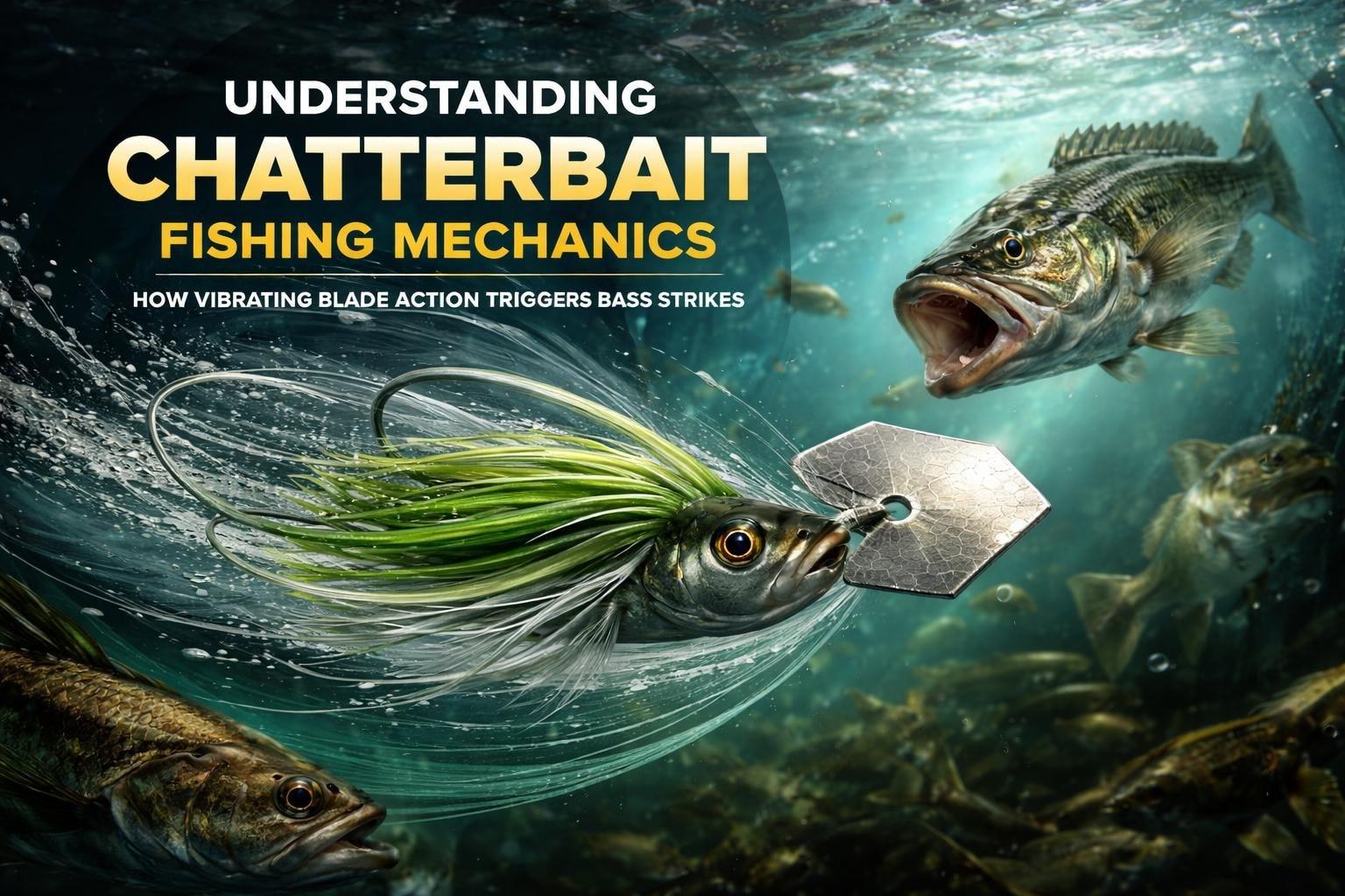 Bass lunging at a green-skirted bladed jig underwater, beneath the words “Understanding Chatterbait Fishing Mechanics – How vibrating blade action triggers bass strikes”