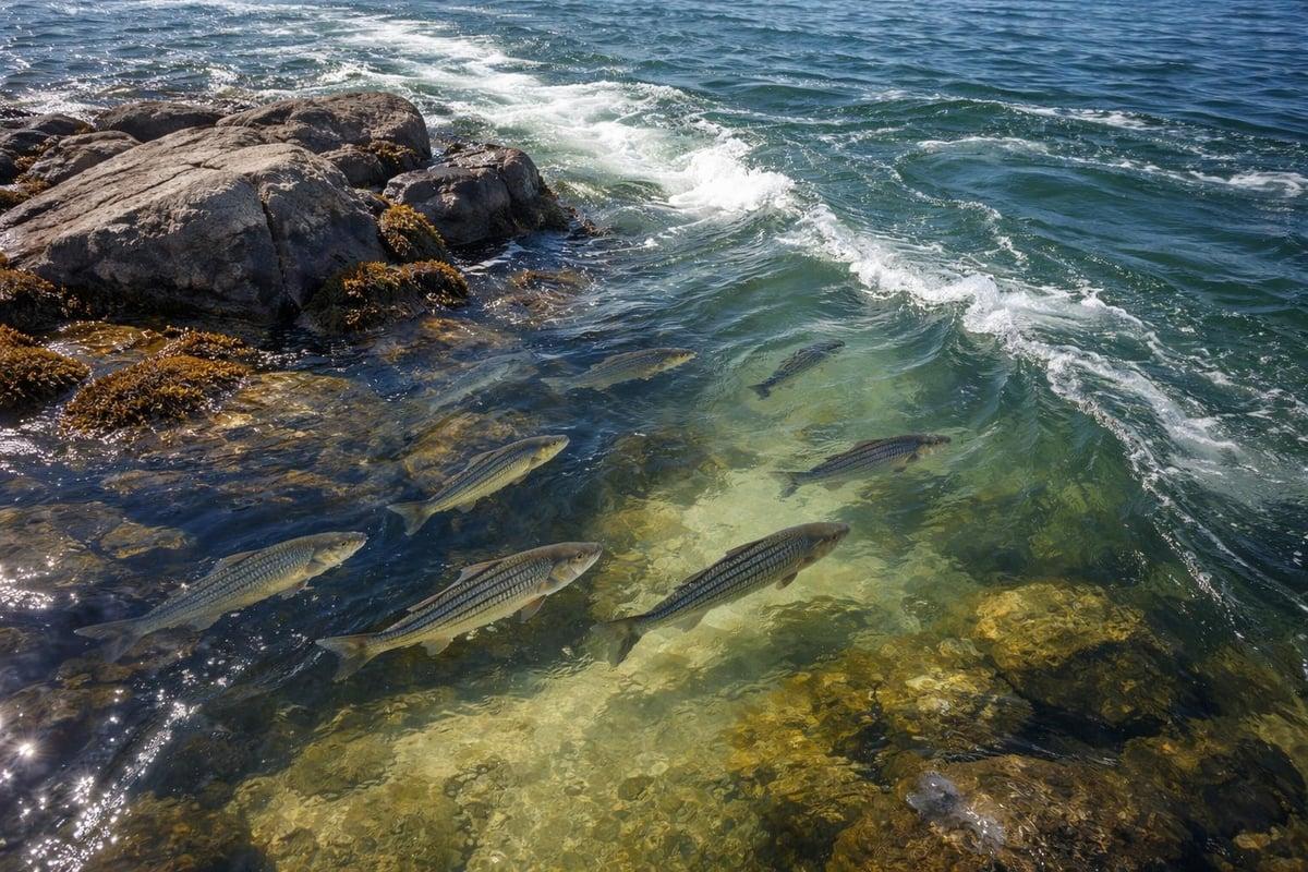 School of striped bass holding in clear water beside rocks where waves break