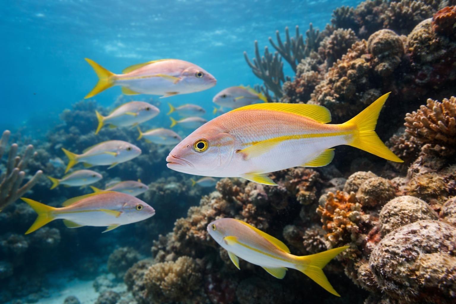 School of yellowtail snapper with bright yellow tails swimming over a coral reef