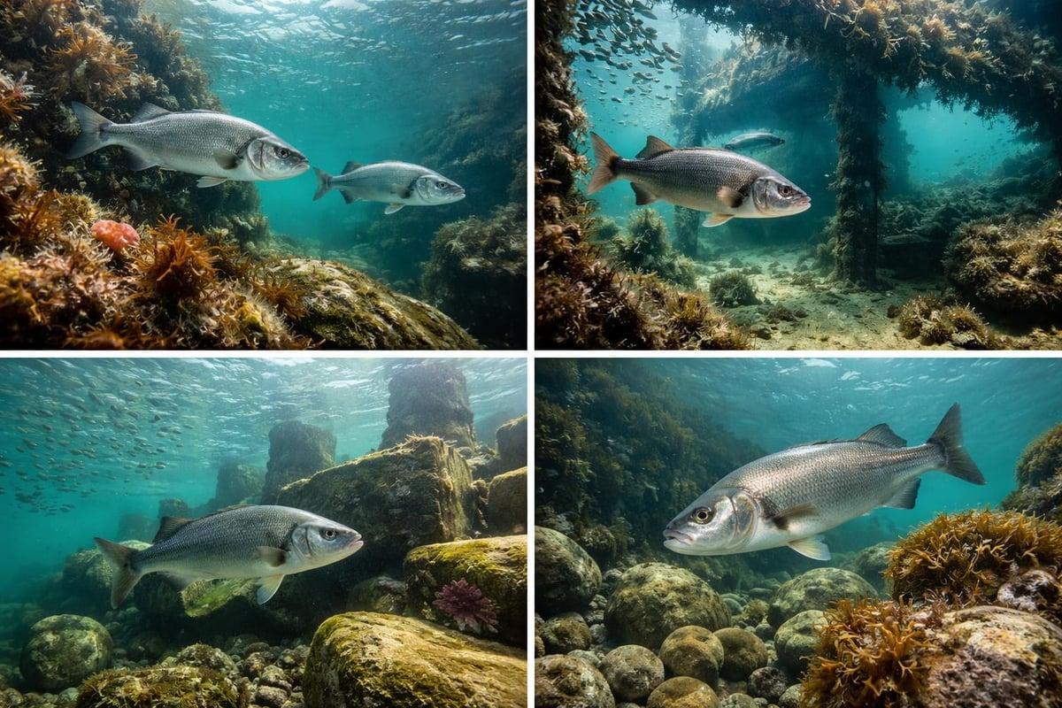 Four underwater scenes of silver bass swimming over rocky reef, around pilings and between weed-covered boulders