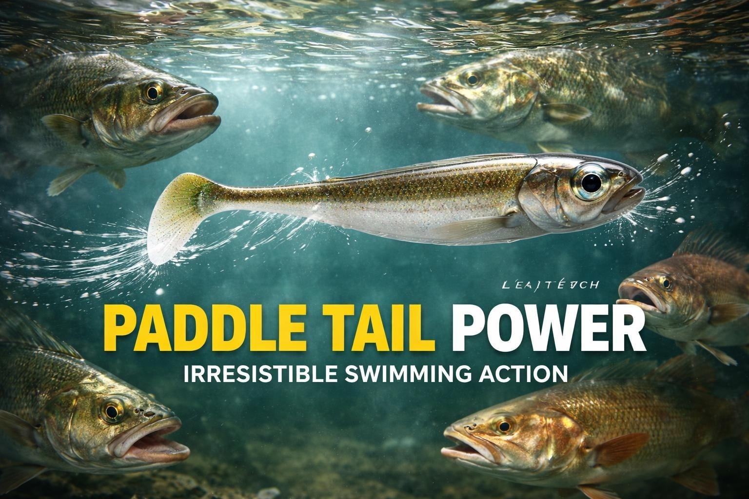 Paddle-tail swimbait swimming among bass underwater, beneath the words “Paddle Tail Power – Irresistible swimming action”