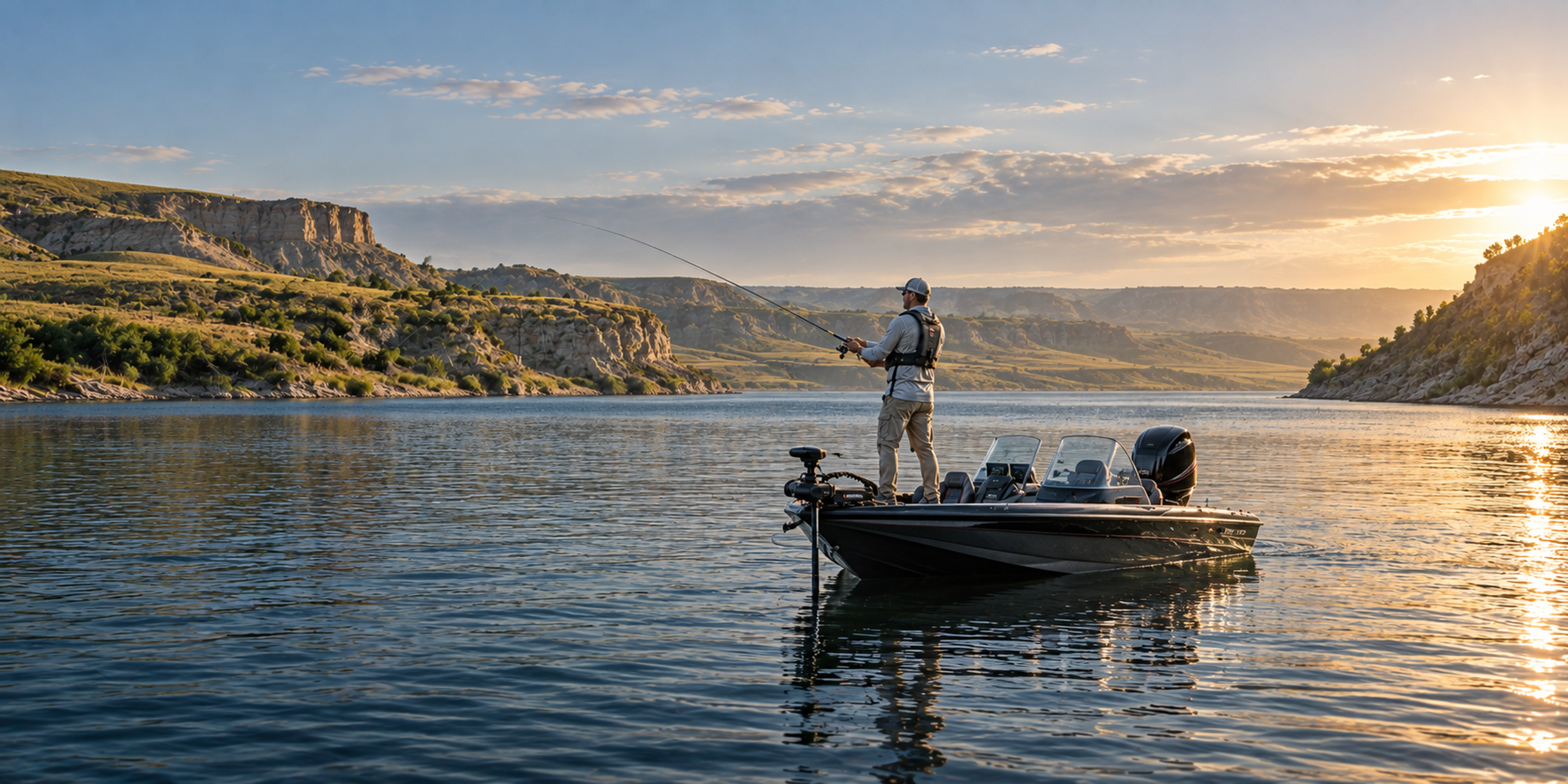 An angler casts from a bass boat on a wide reservoir framed by grassy bluffs at sunset.
