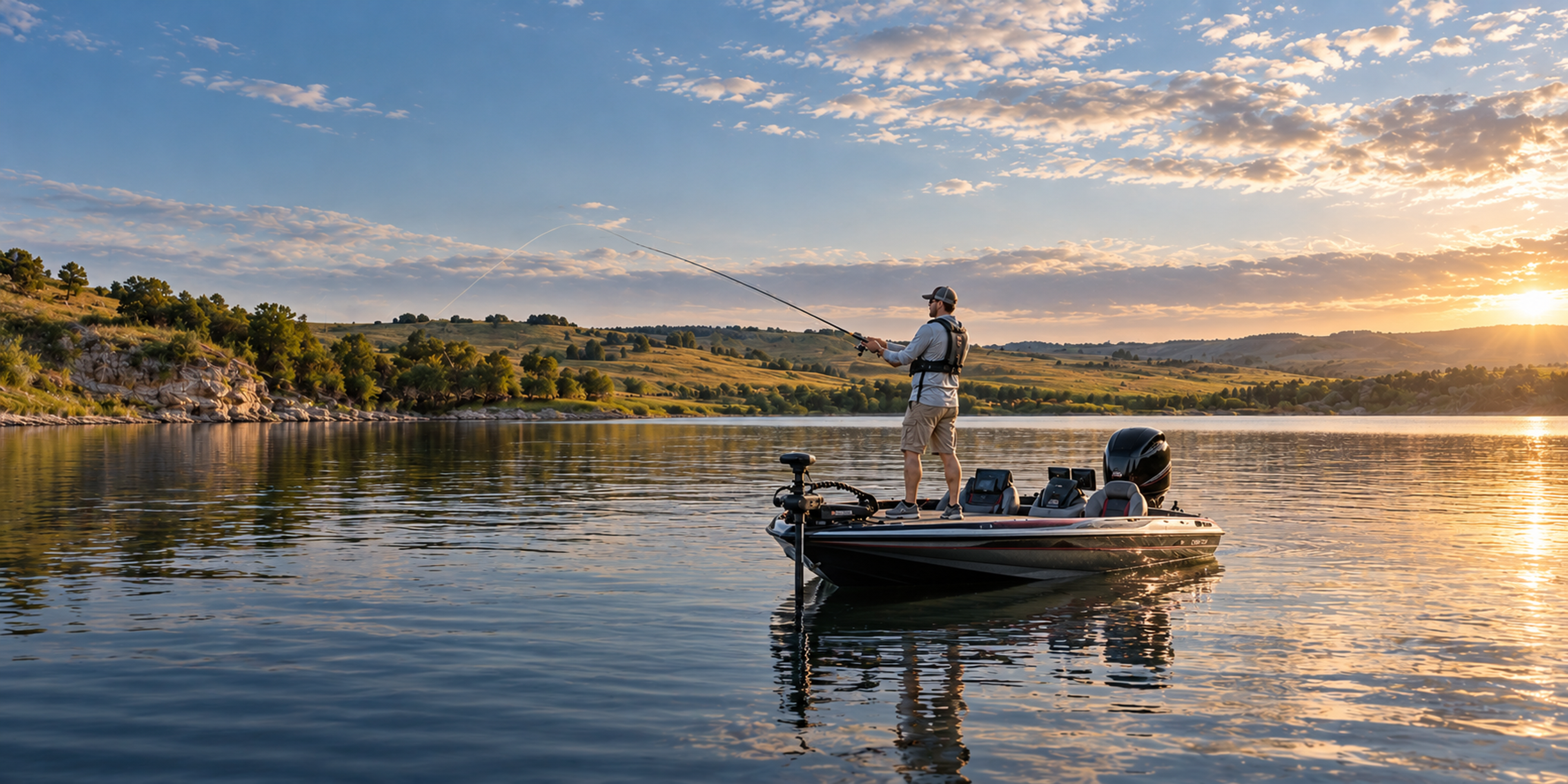 An angler casts from a bass boat on a calm prairie reservoir bordered by grassy hills under a low sun.