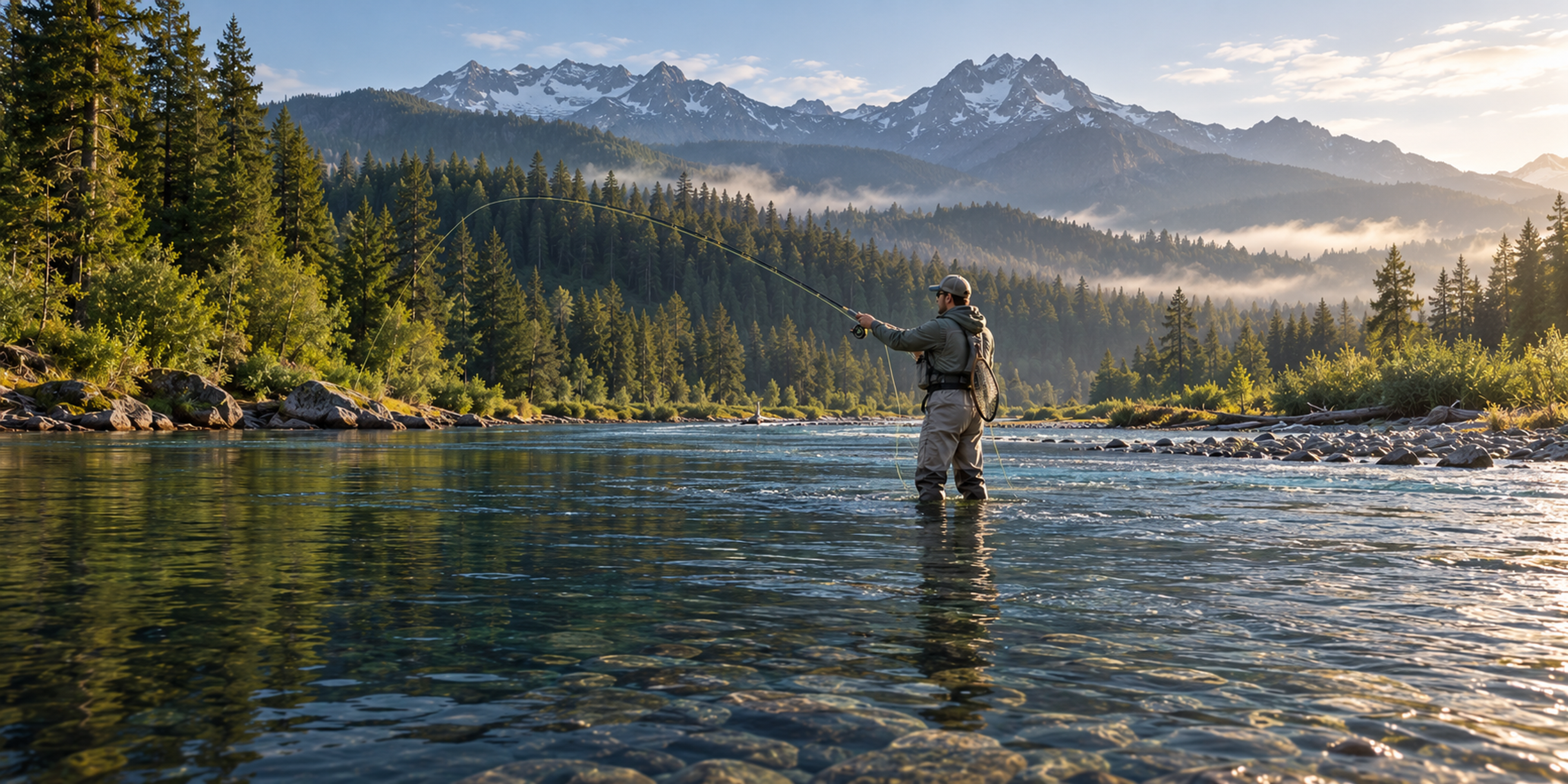 An angler wades a clear, rocky river and casts a fly rod, with evergreen forest and snow-capped mountains behind.