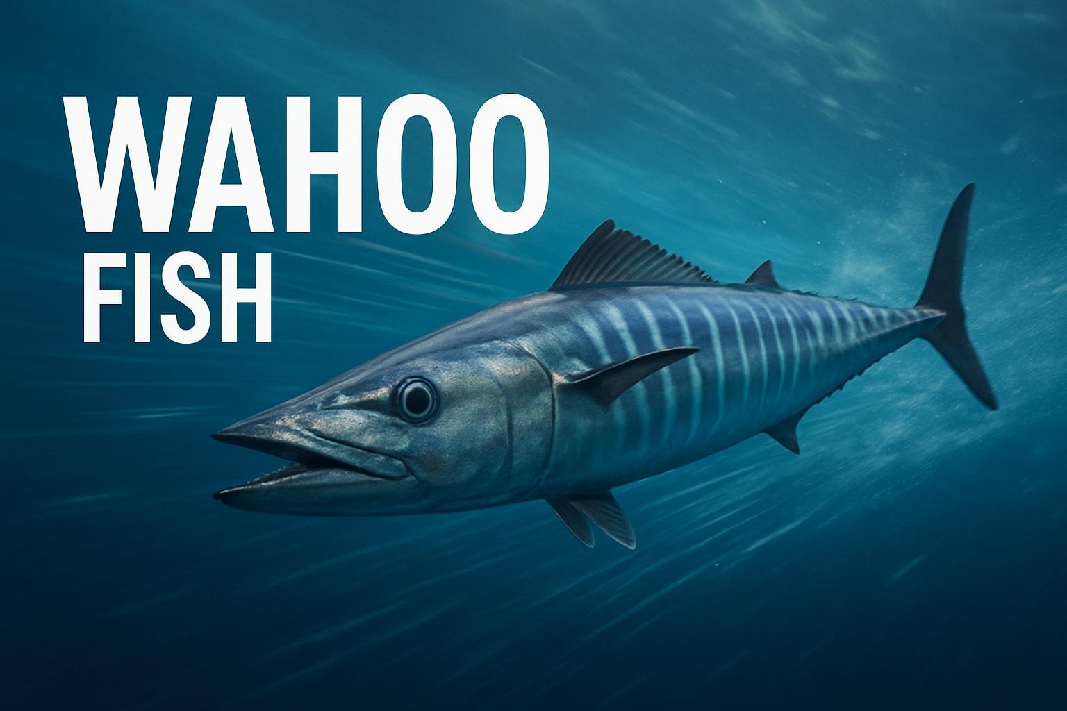 Wahoo with vertical blue bars swimming beside the words “Wahoo Fish”