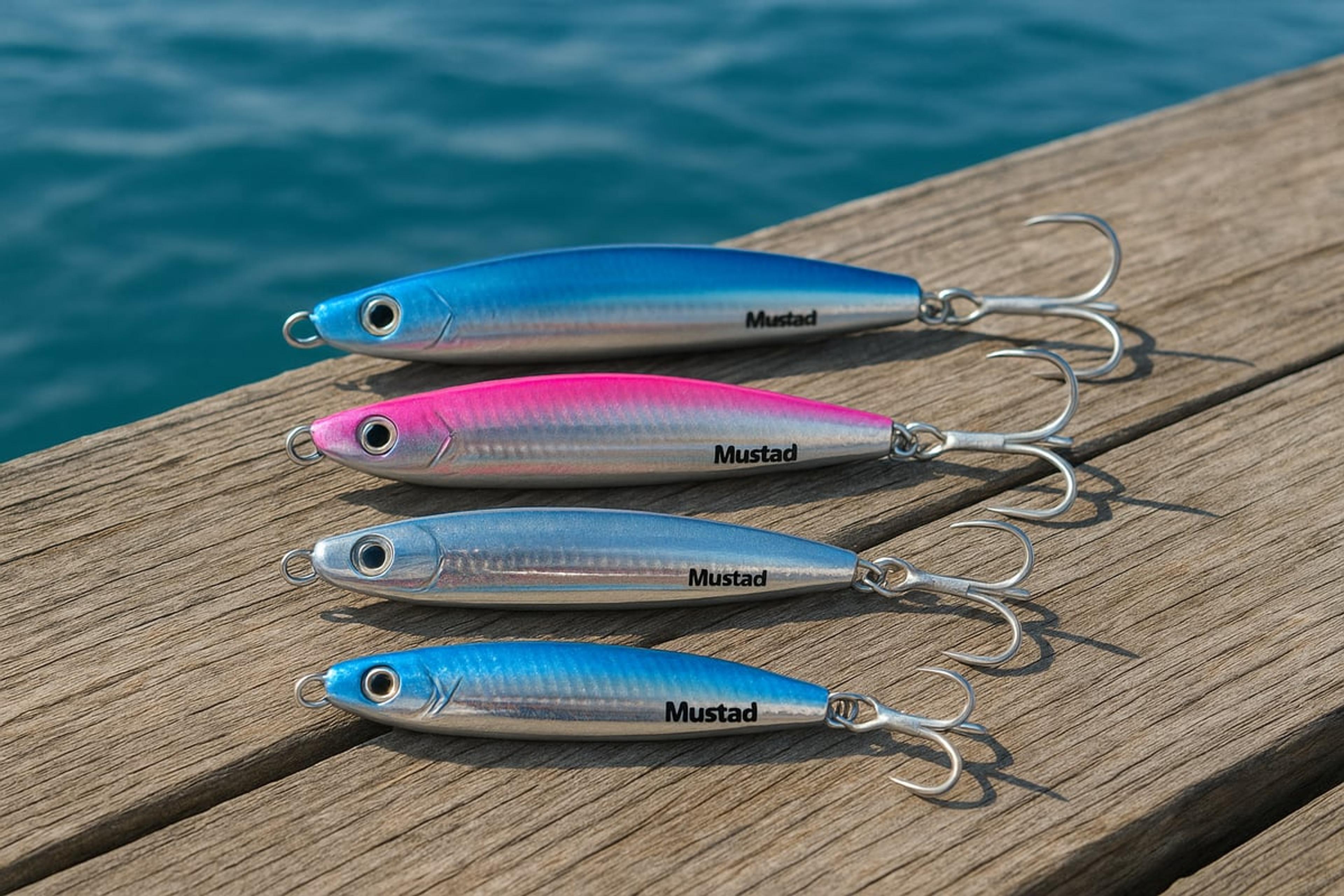 Four slim metal jigs in blue, pink and silver with assist hooks, laid on a dock