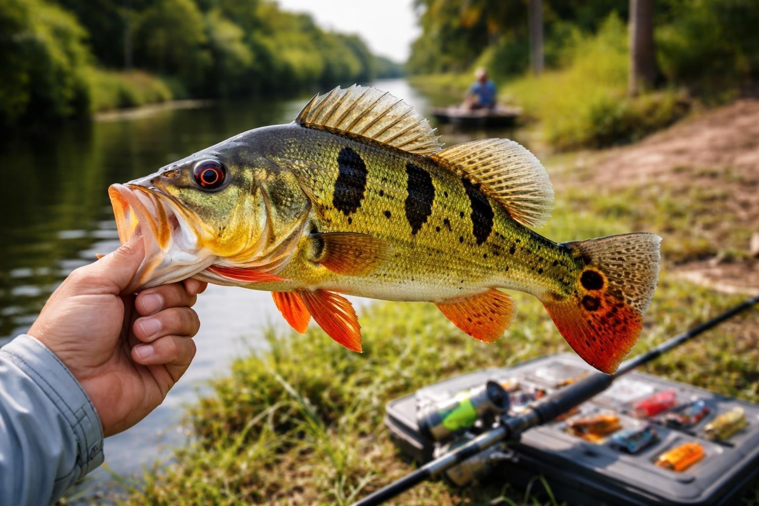 Hand holding a peacock bass with dark bars and a black eye spot near its tail beside a river, with a tackle box nearby