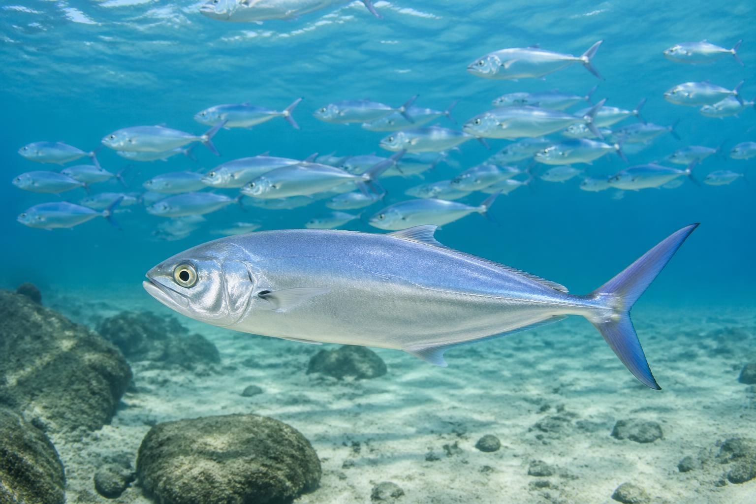 Silver blue runner swimming over a sandy bottom, with a school of similar fish behind it