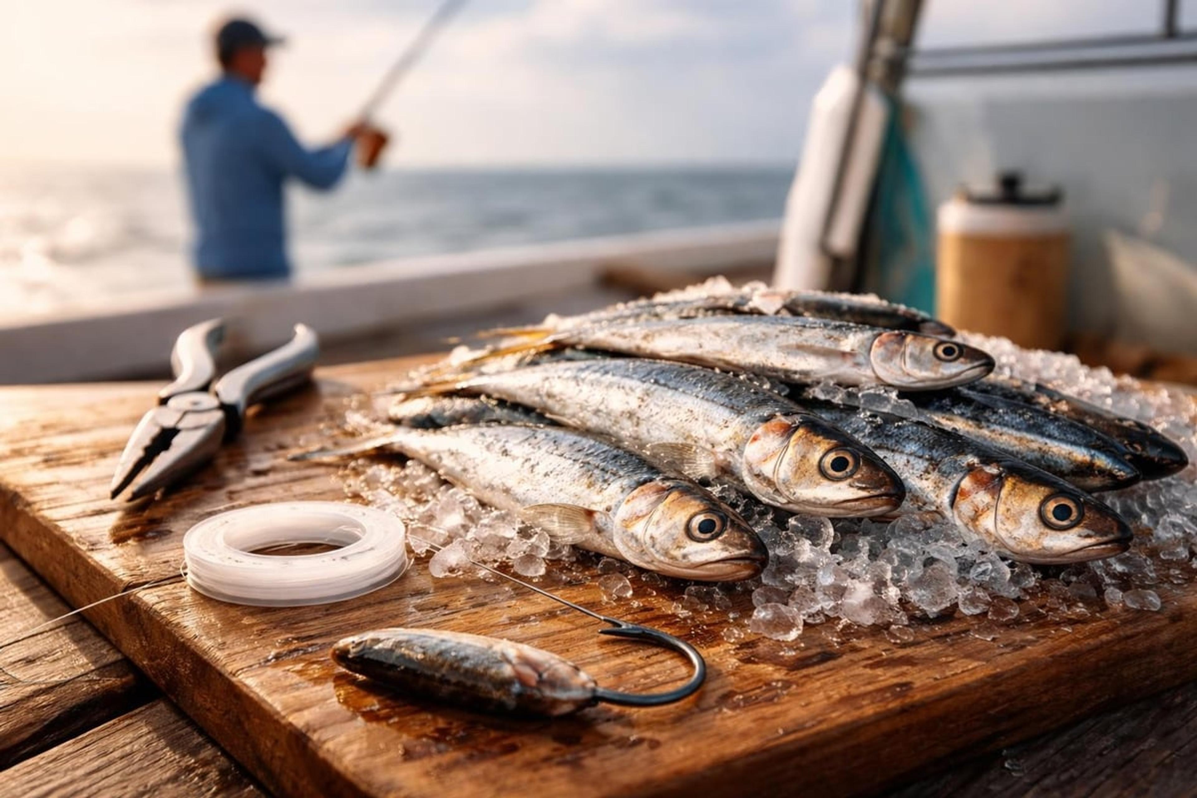 Pilchards on ice on a cutting board beside pliers and a spool of line, with an angler fishing in the background