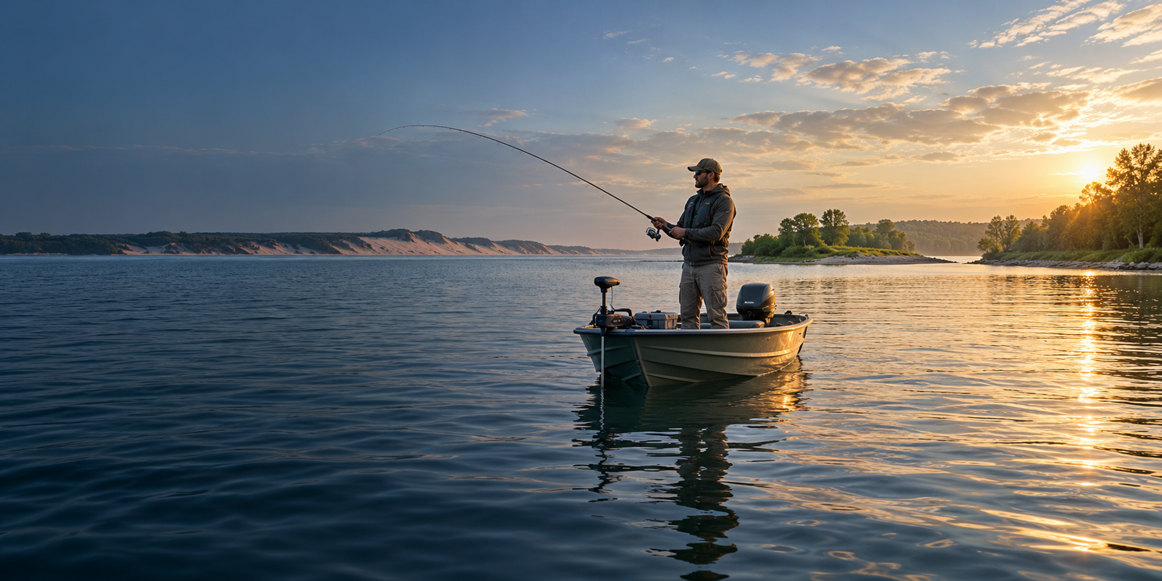An angler casts from a small aluminum boat on a calm lake at sunset, with sandy dunes and a wooded shoreline.