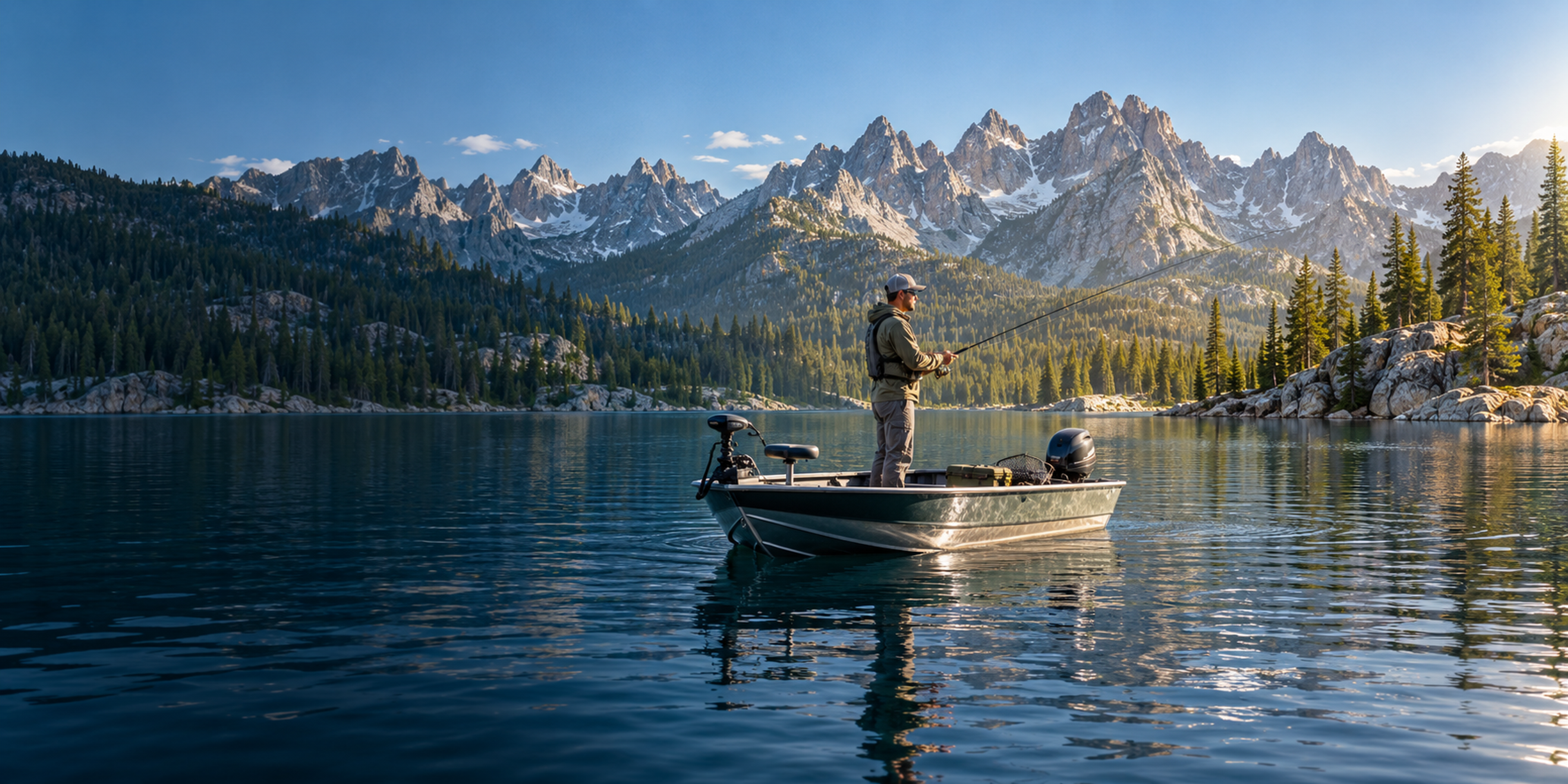 An angler fishes from a small aluminum boat on a calm alpine lake ringed by pines and jagged, snow-dusted peaks.