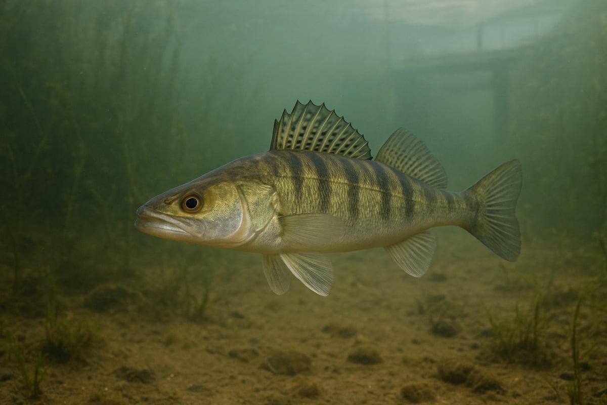 Zander with dark bars swimming over a silty bottom in murky green water