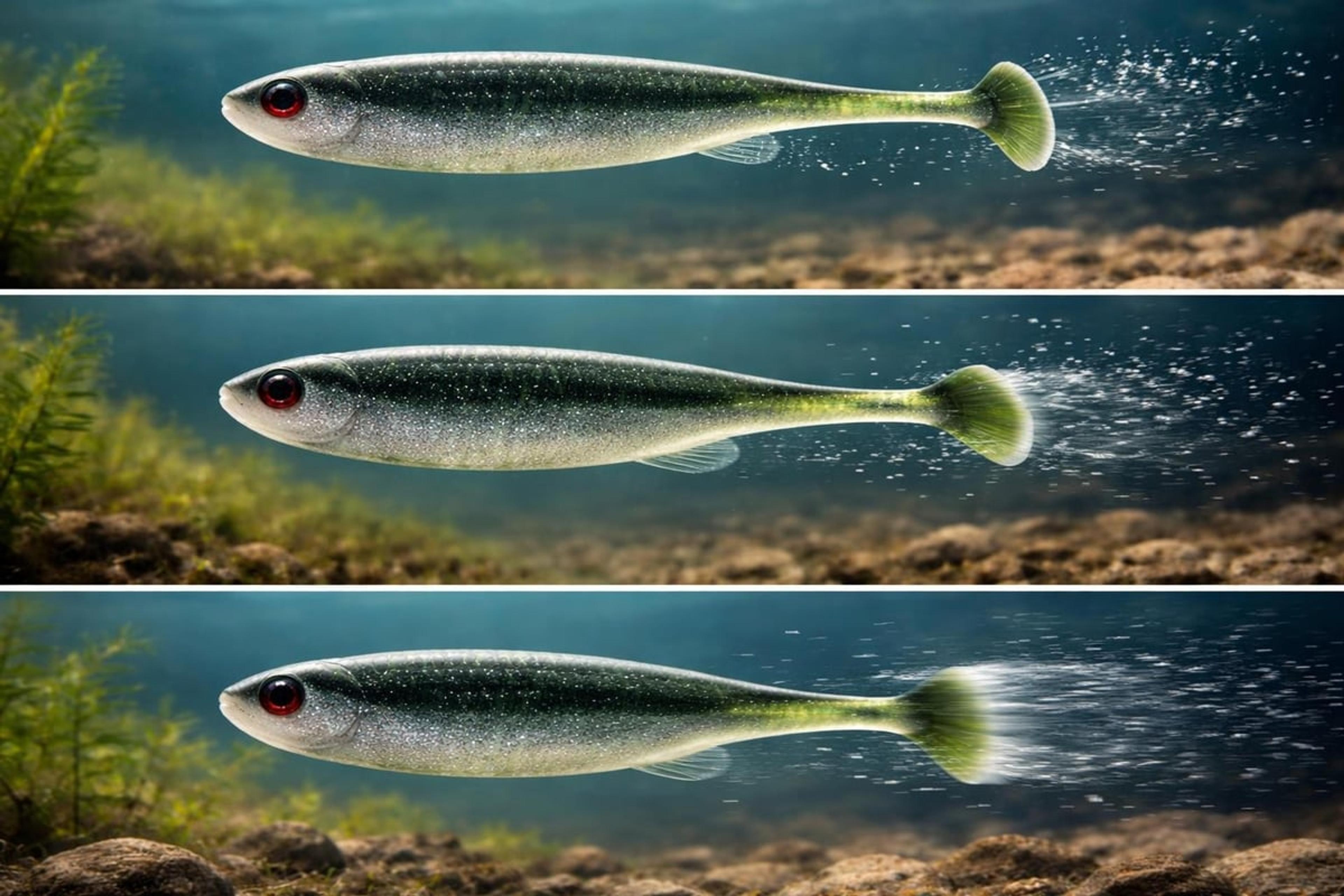 Three views of a green paddle-tail swimbait swimming underwater with its tail kicking
