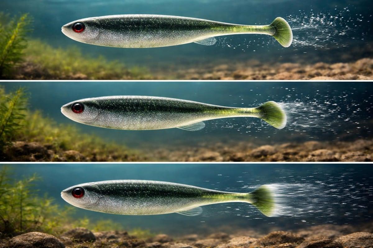 Three views of a green paddle-tail swimbait swimming underwater with its tail kicking