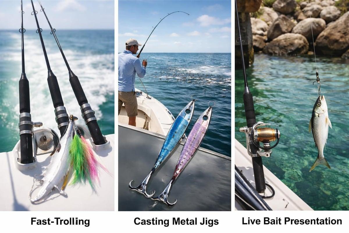 Three panels labelled Fast-Trolling, Casting Metal Jigs and Live Bait Presentation: trolling rods with feathered lures, a pair of metal jigs, and a spinning rod with a live baitfish