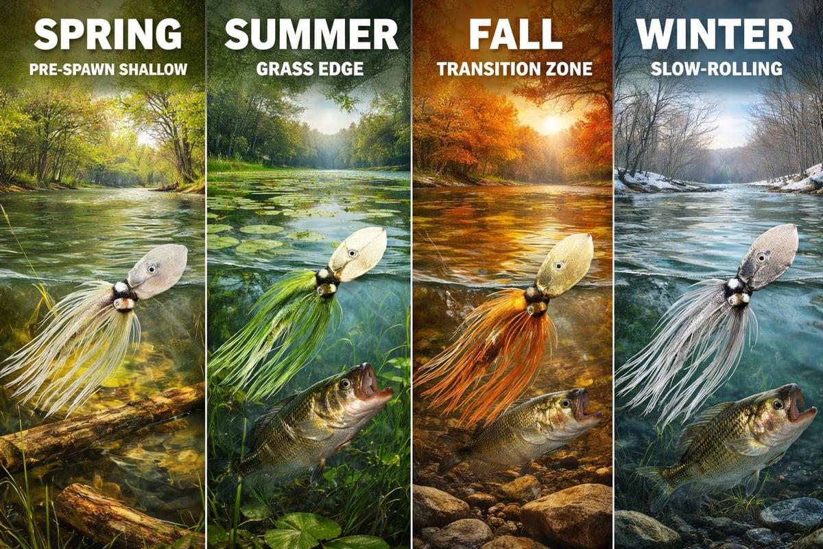 Four seasonal panels — Spring pre-spawn shallows, Summer grass edge, Fall transition zone and Winter slow-rolling — each showing a bladed jig and a bass