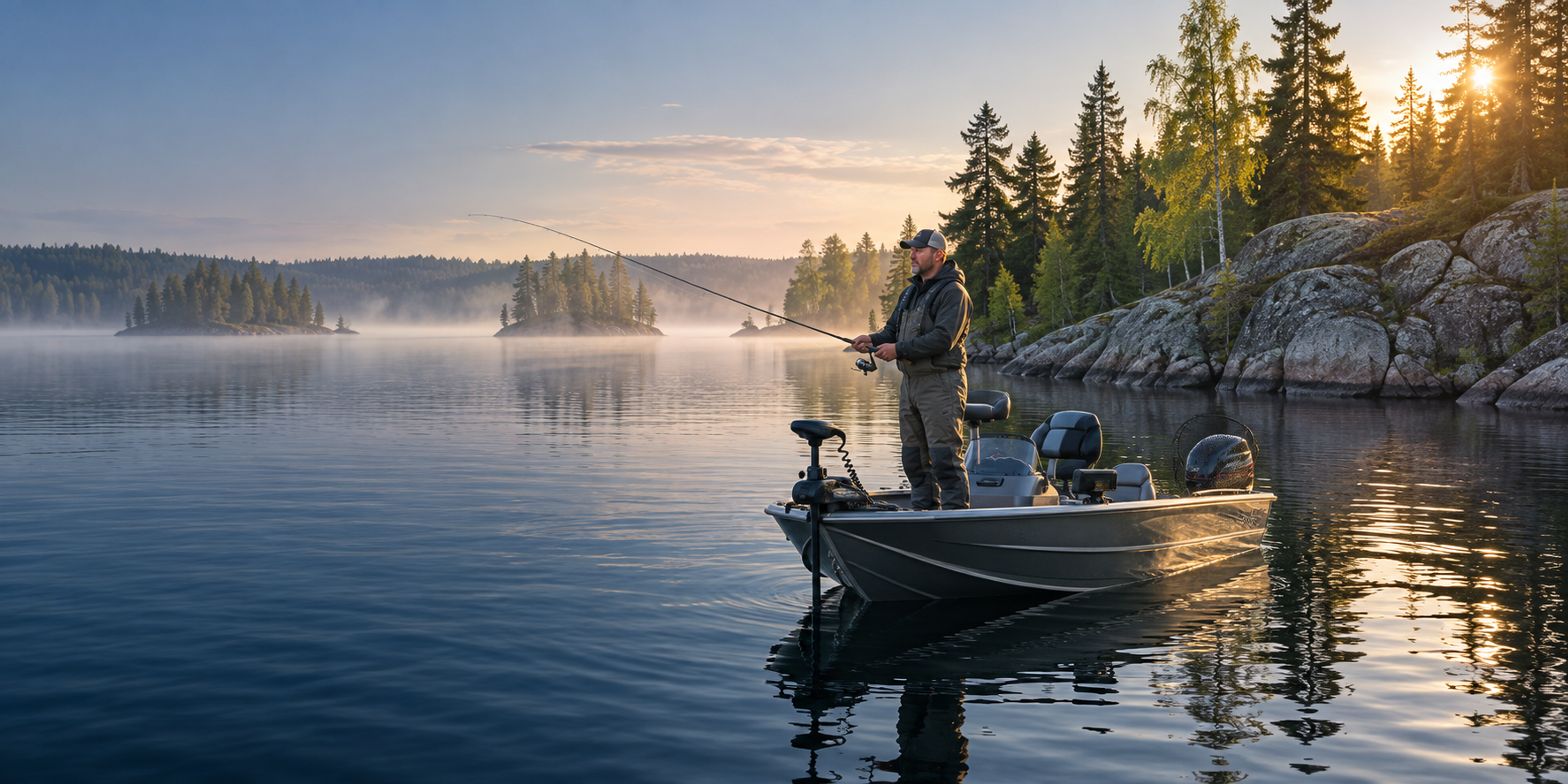 An angler fishes from an aluminum boat on a misty lake with small pine islands and a granite shoreline at sunrise.