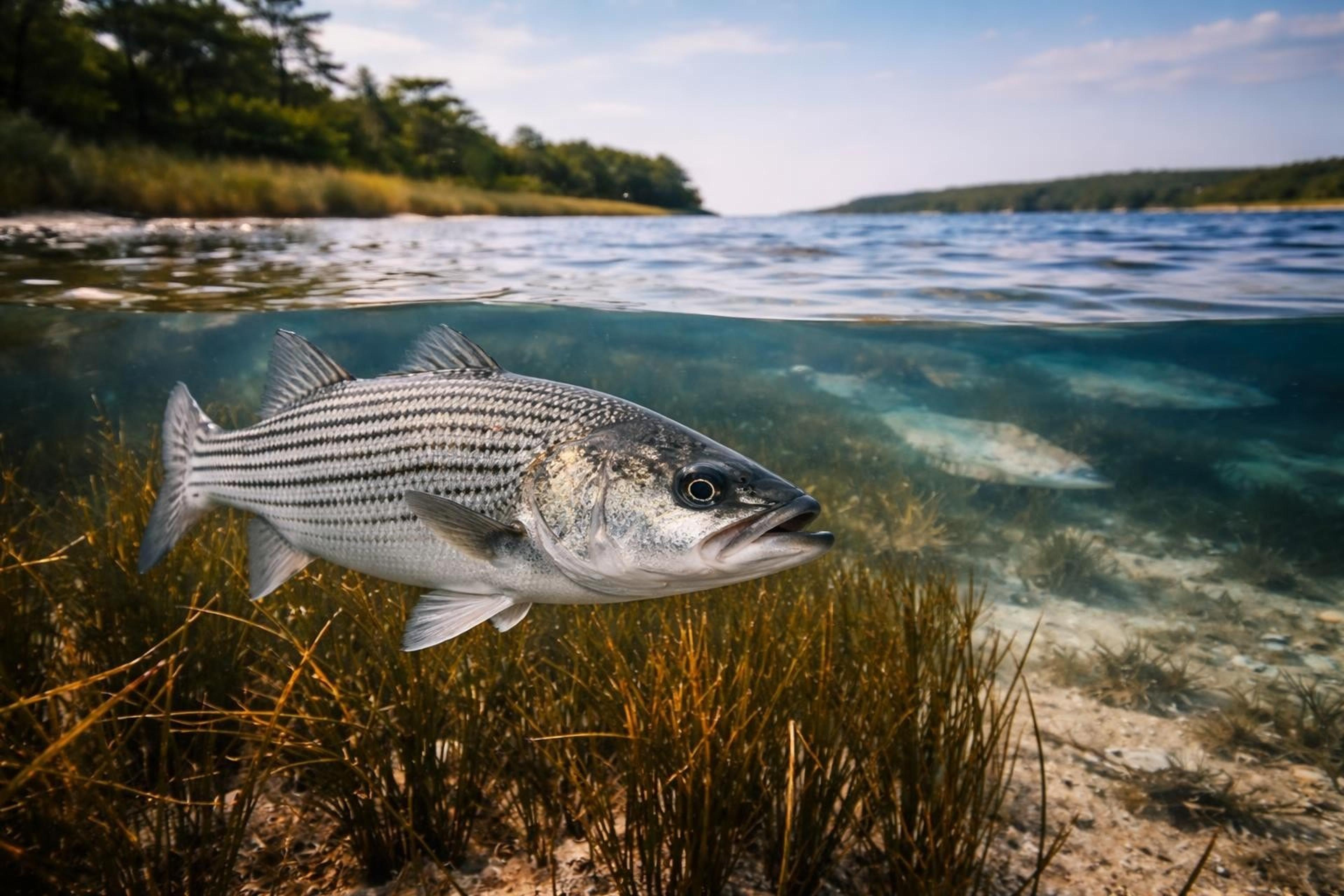 Split above-and-below-water view of a striped bass swimming over grassy shallows near a wooded shoreline