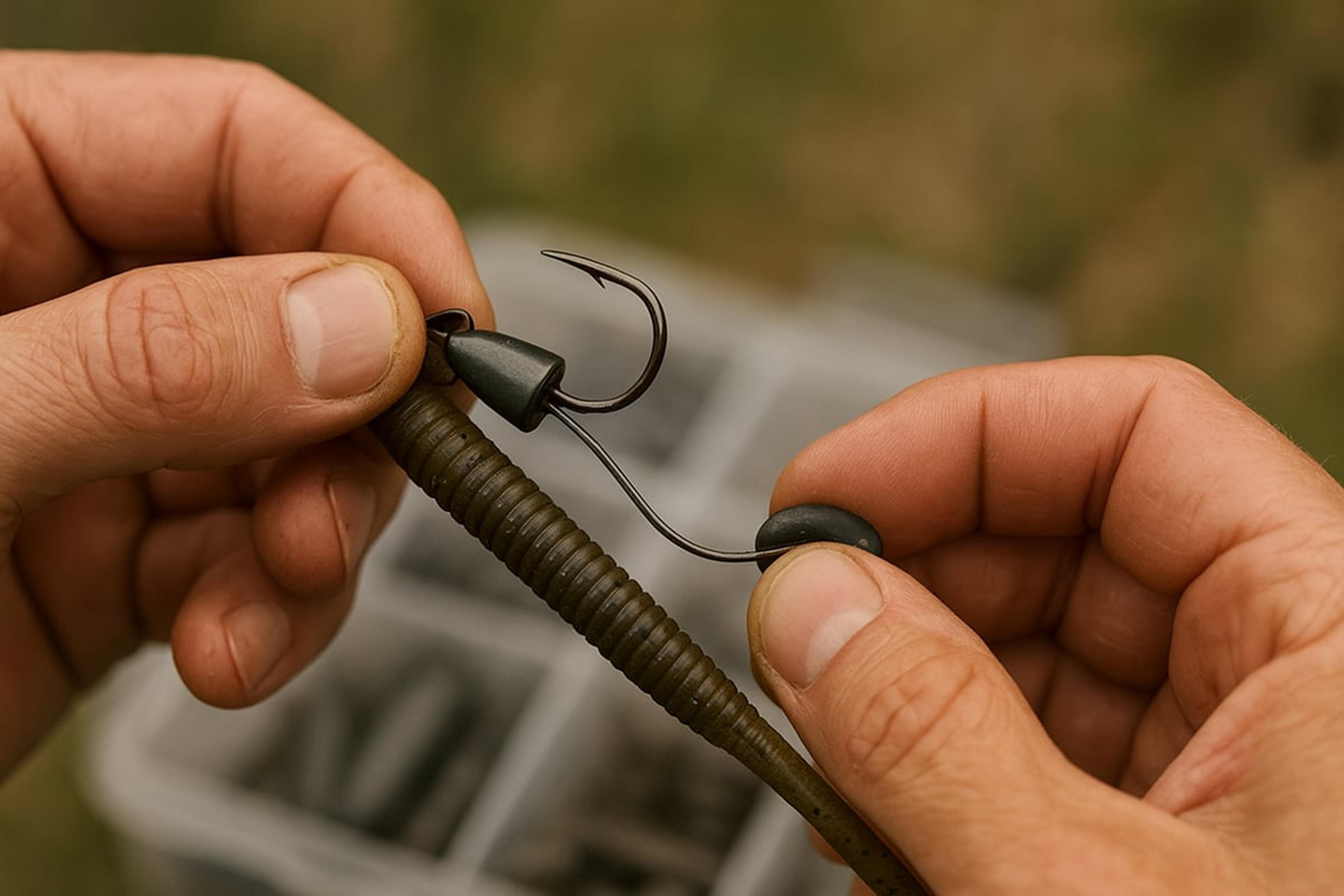 Fingers threading a soft-plastic worm onto an offset hook below a bullet sinker