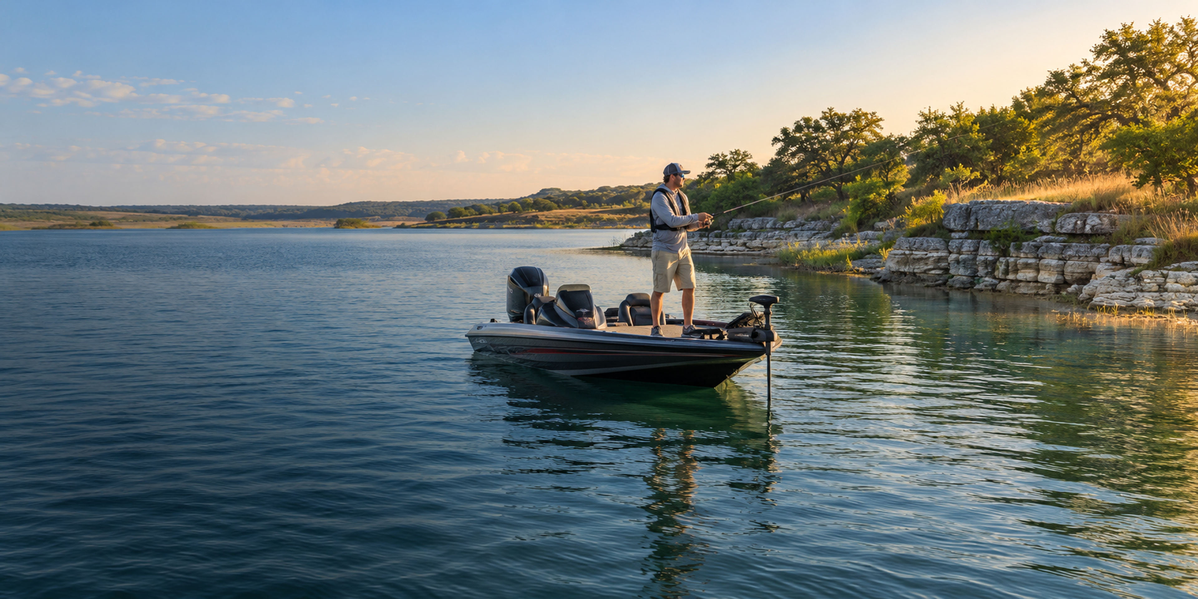 An angler casts from a bass boat along a reservoir shoreline of layered limestone ledges and oak trees at sunset.