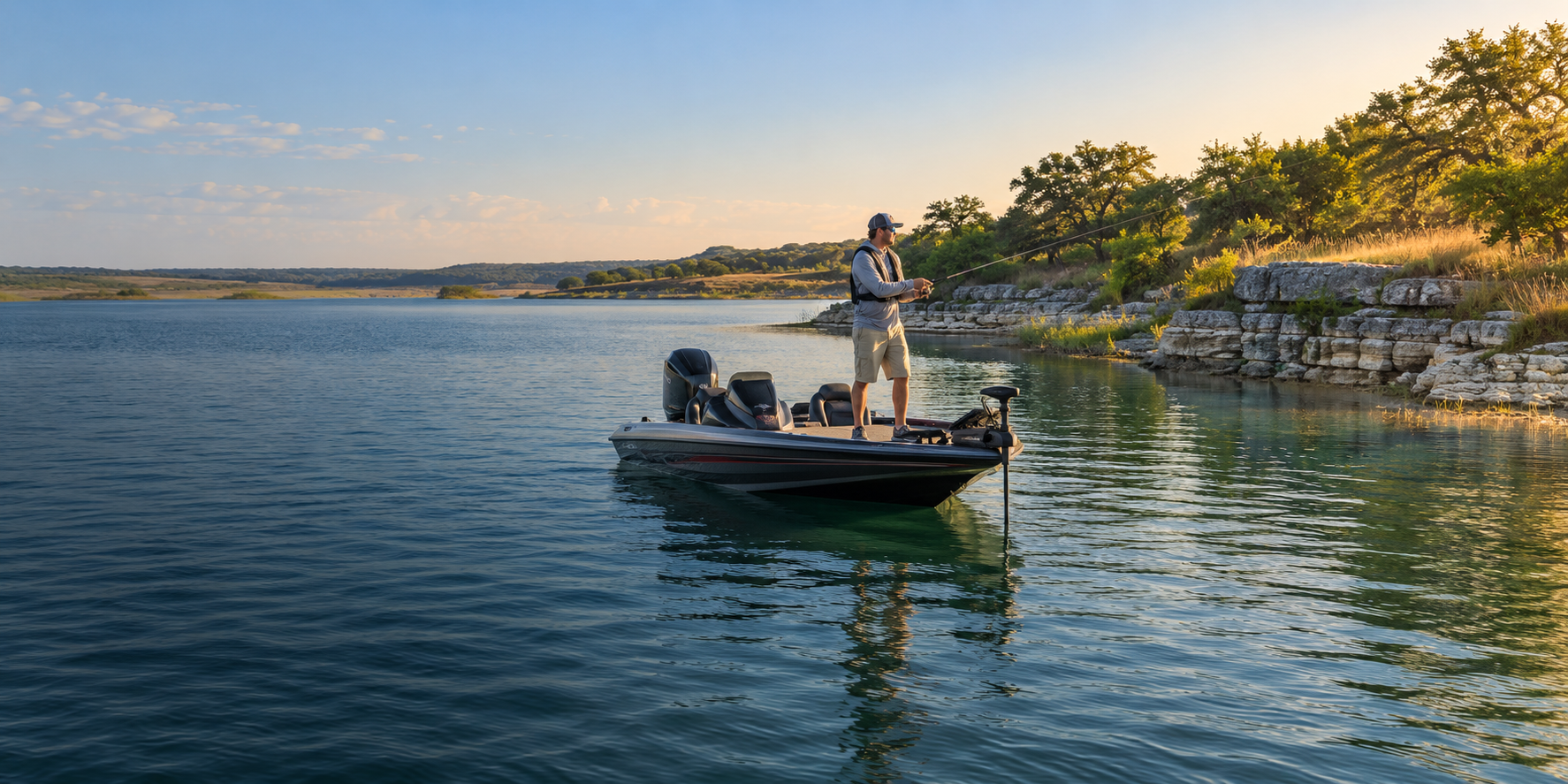 An angler casts from a bass boat along a reservoir shoreline of layered limestone ledges and oak trees at sunset.