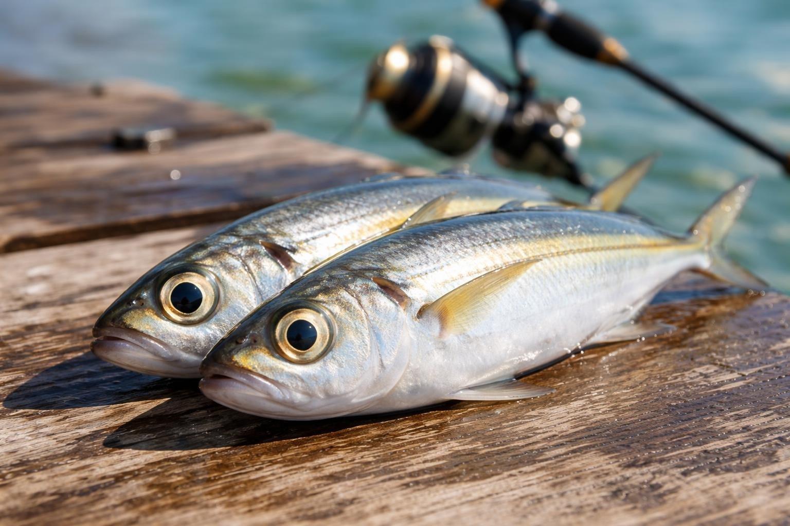 Two silver goggle-eye baitfish with very large eyes lying on a wet dock beside a spinning reel