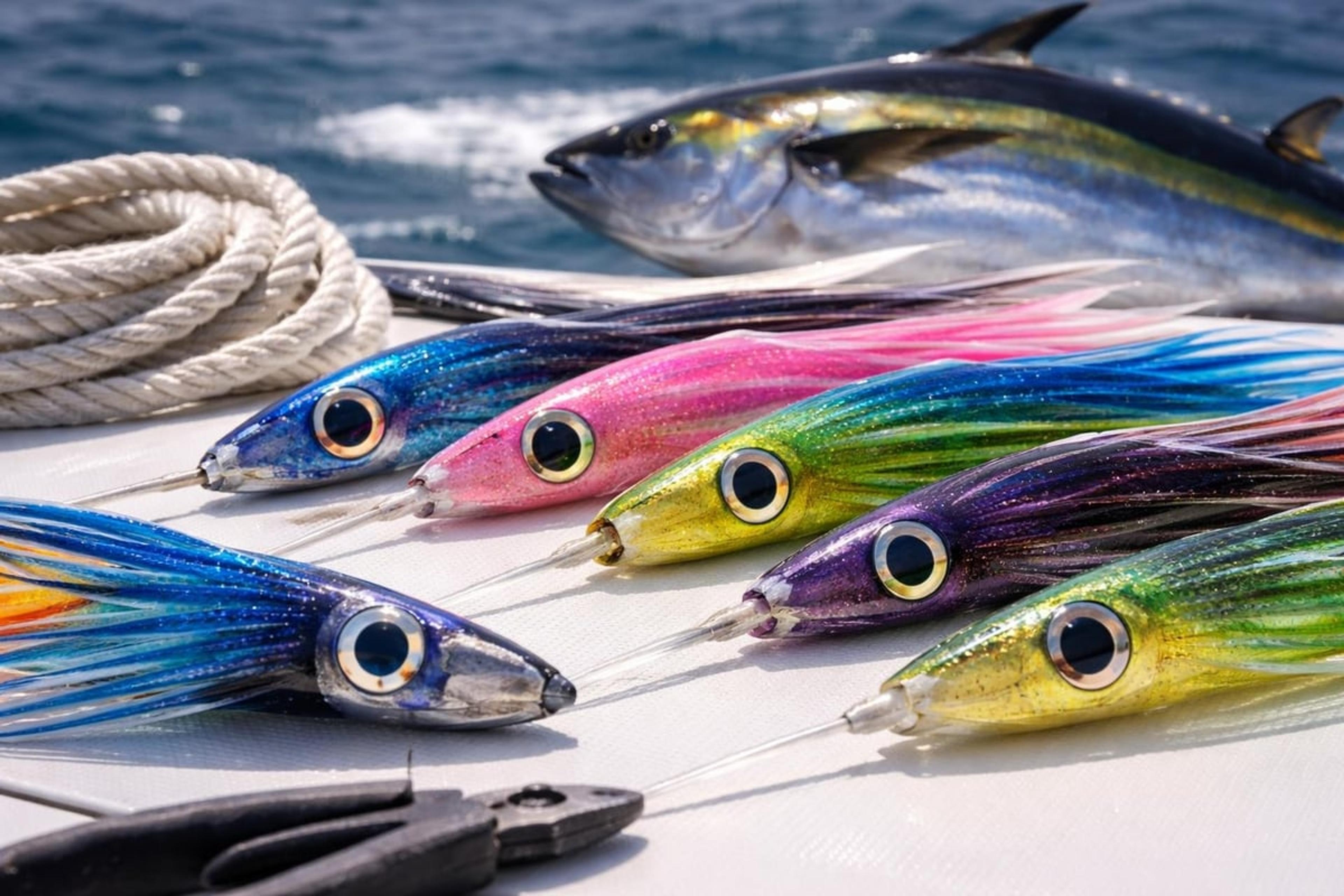 Row of skirted trolling lures in blue, pink, green, yellow and purple on a boat deck, with a tuna lying behind them